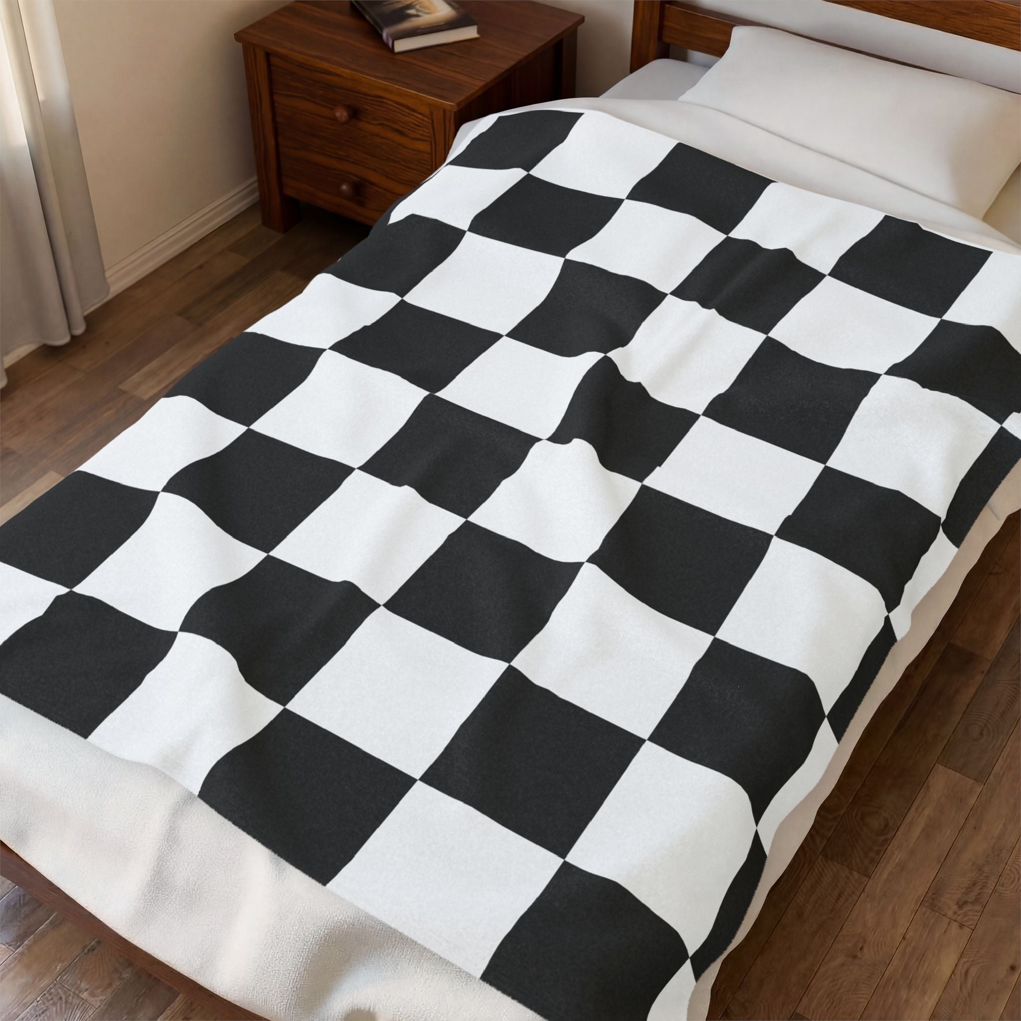 Checkered Velveteen Plush Blanket – Black & White Racing Checkerboard Throw