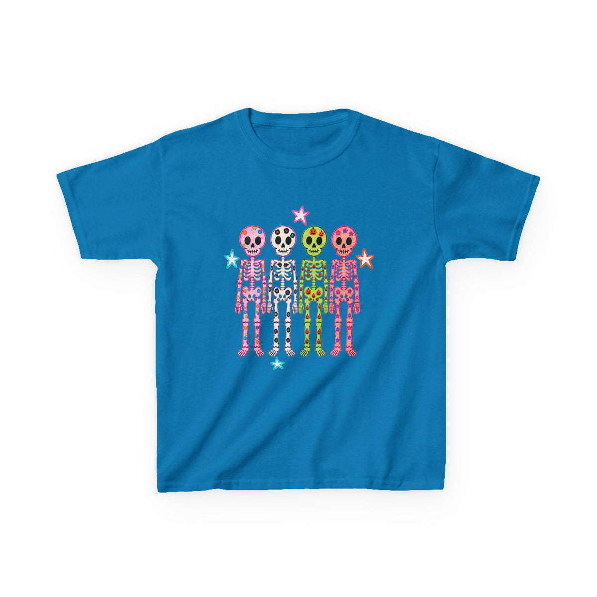 Kids Tee — Colorful Smiley Skeletons Graphic Shirt (Playful Star Design)