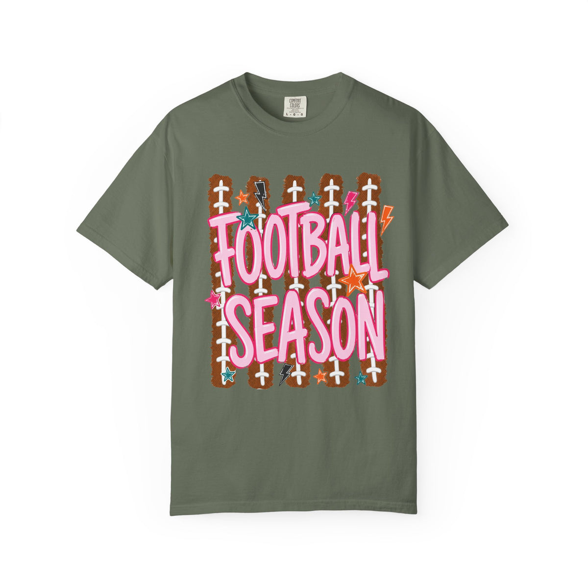 Football Season T-Shirt — Playful Pink Script on Football Field Graphic