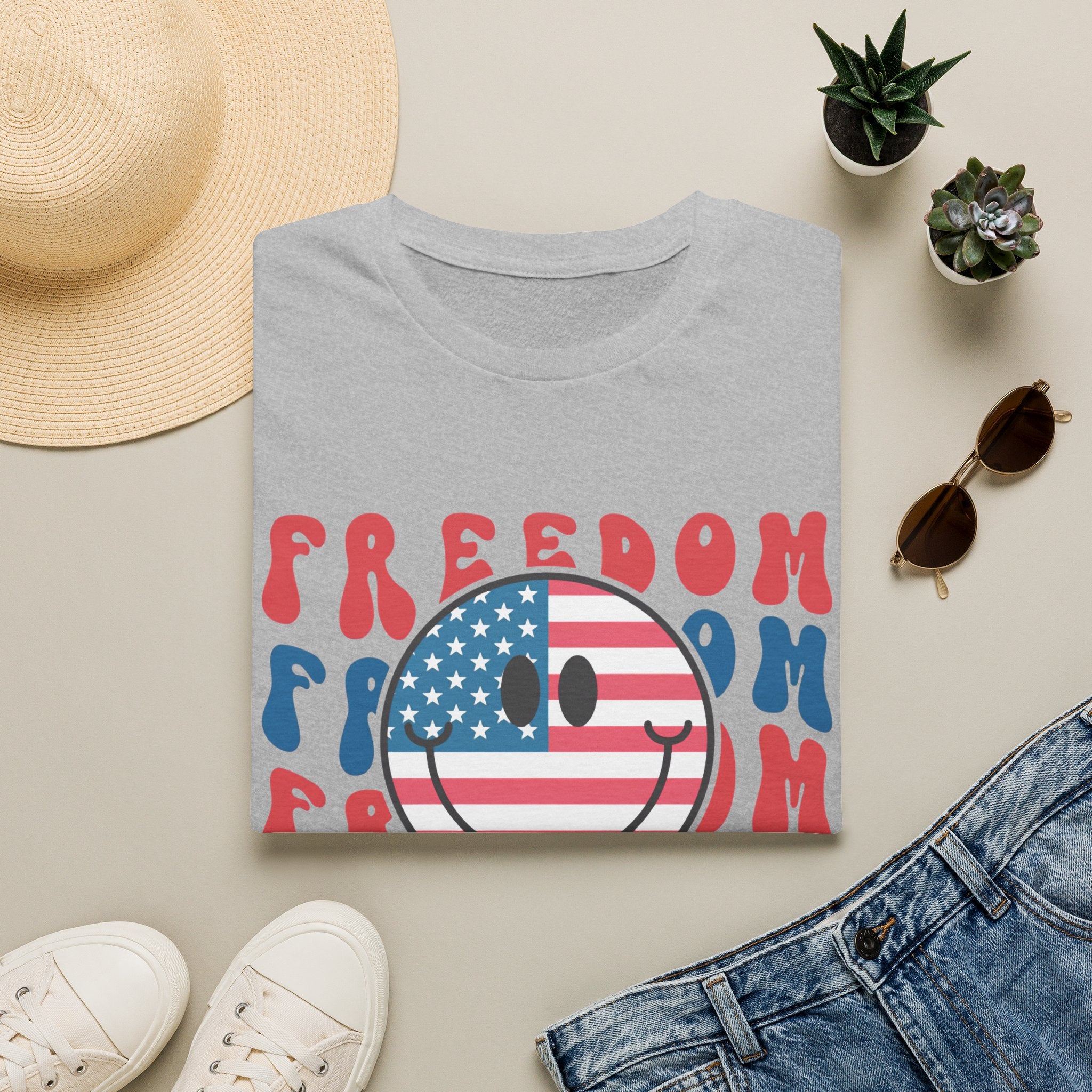 Freedom Smiley T-Shirt — American Flag Retro Graphic Tee for 4th of July