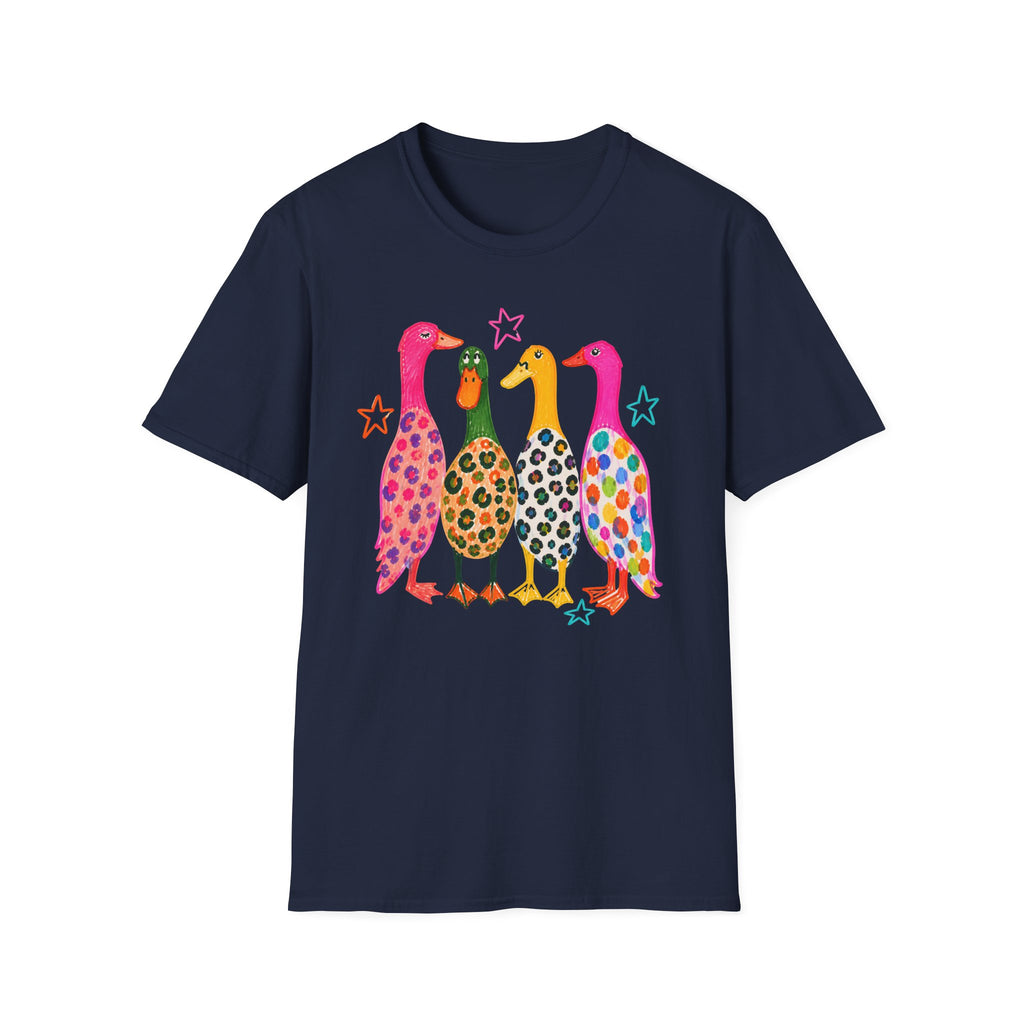 Colorful Patterned Ducks T-Shirt — Whimsical Rainbow Duck Graphic Tee