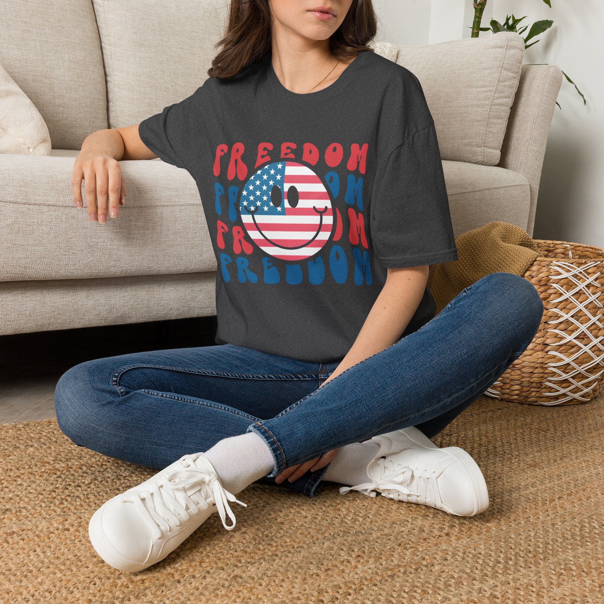 Freedom Smiley T-Shirt — American Flag Retro Graphic Tee for 4th of July