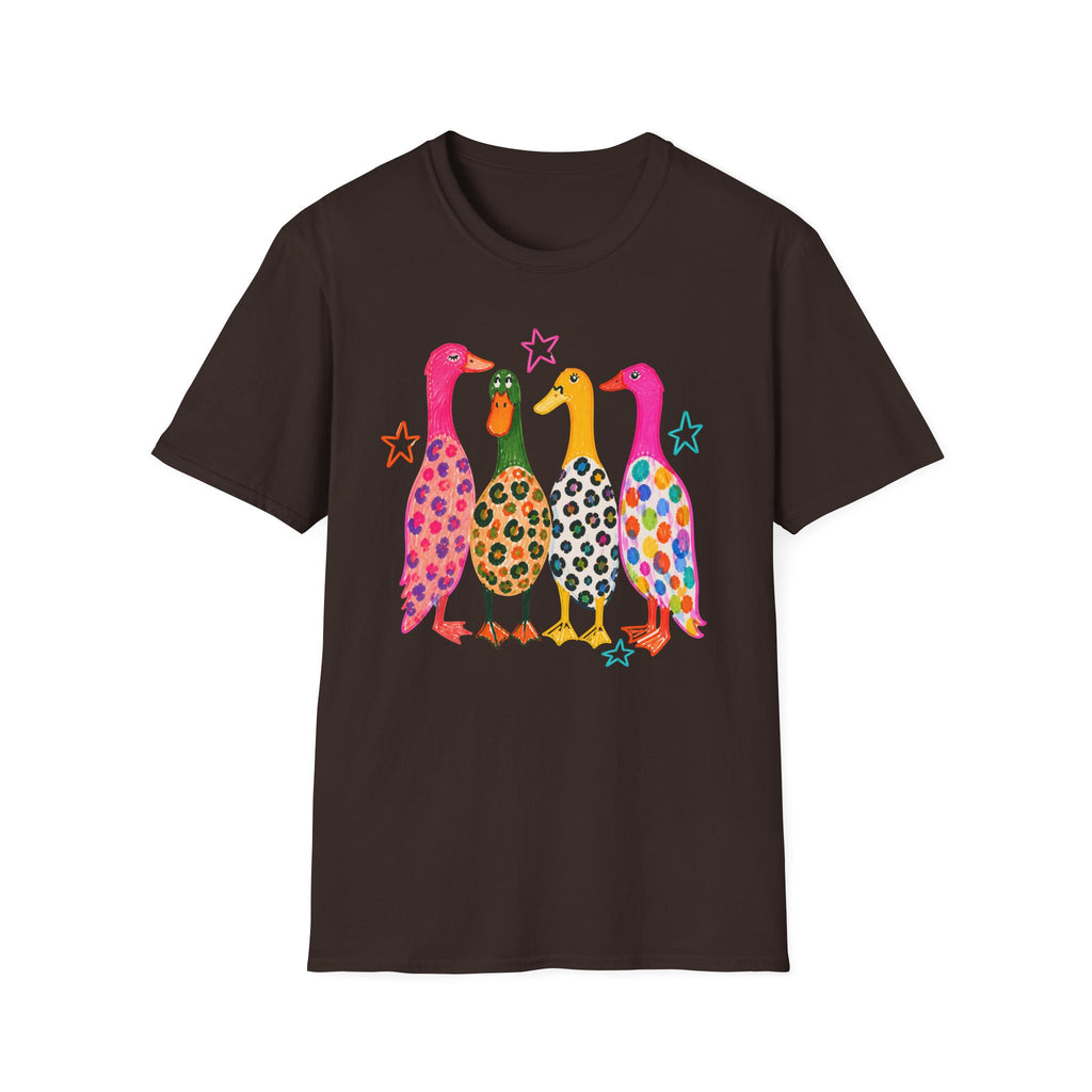 Colorful Patterned Ducks T-Shirt — Whimsical Rainbow Duck Graphic Tee