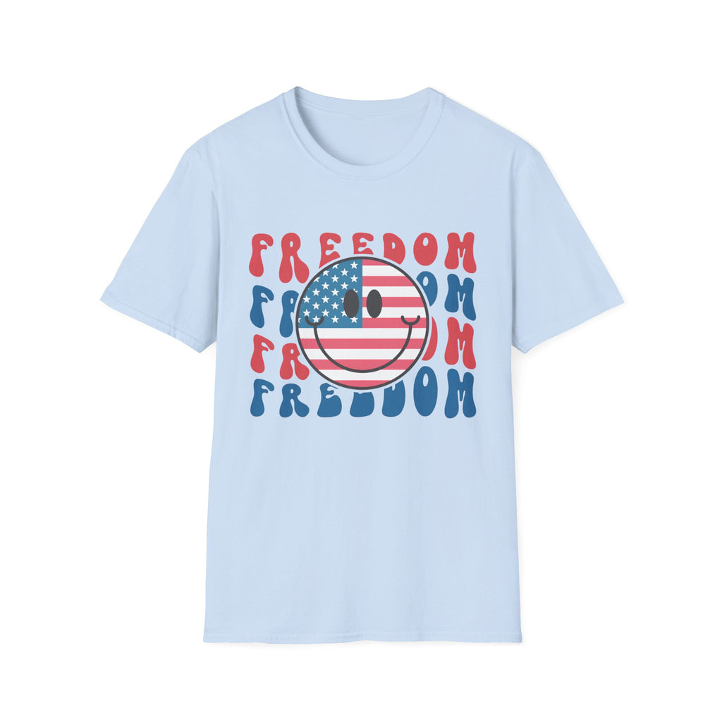 Freedom Smiley T-Shirt — American Flag Retro Graphic Tee for 4th of July