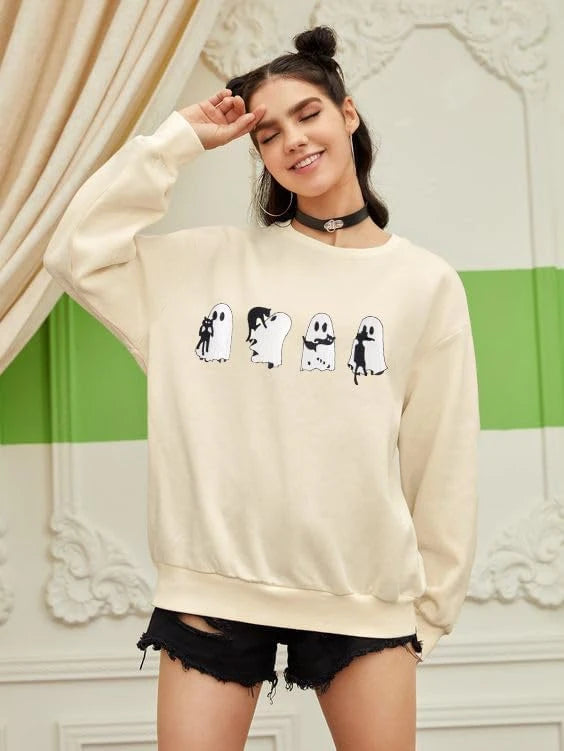 Embroidered Ghost Cat Halloween Sweatshirt