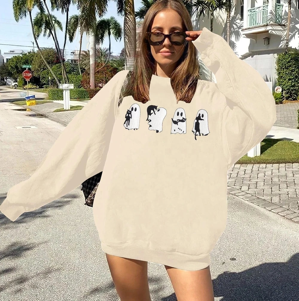 Embroidered Ghost Cat Halloween Sweatshirt