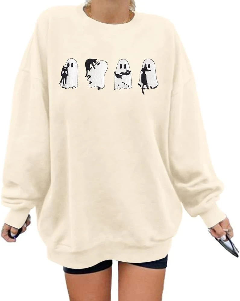 Embroidered Ghost Cat Halloween Sweatshirt