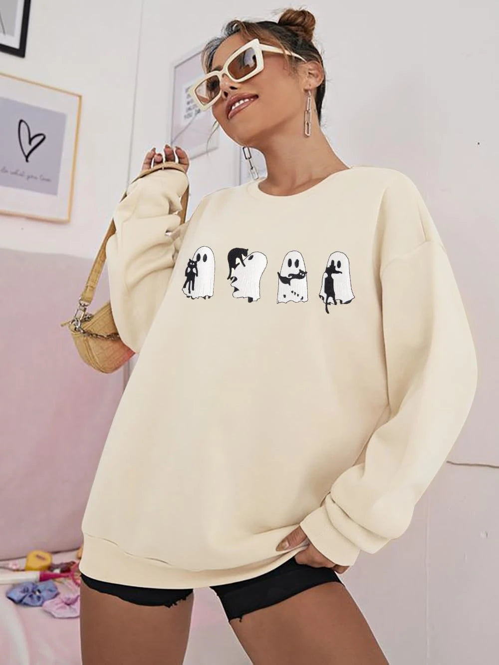 Embroidered Ghost Cat Halloween Sweatshirt