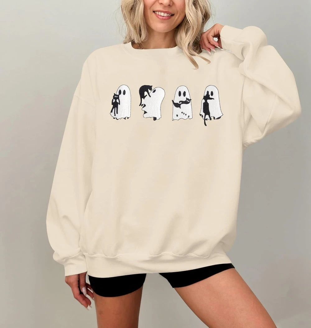 Embroidered Ghost Cat Halloween Sweatshirt