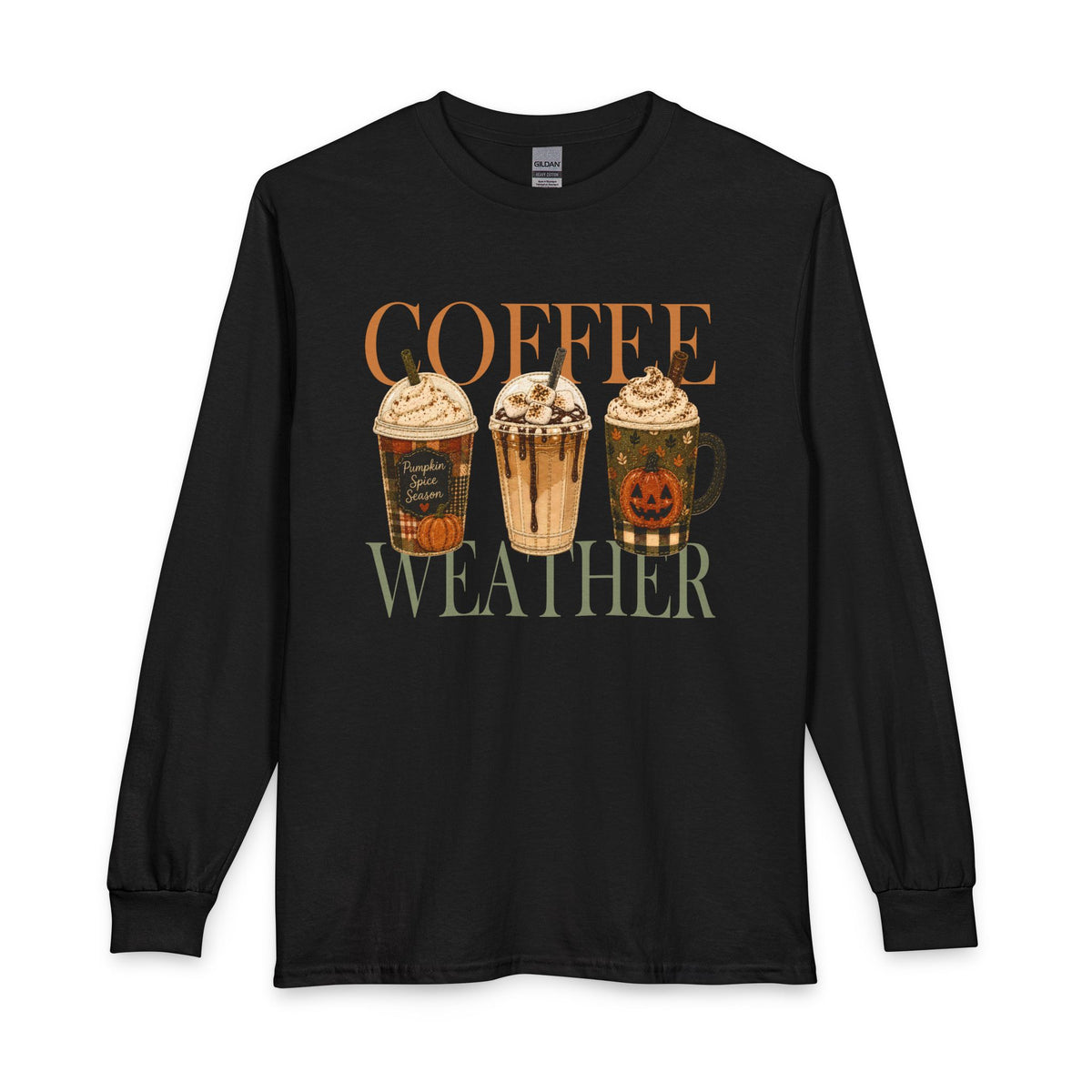 Coffee Weather Long Sleeve Tee — Fall Pumpkin Spice Coffee Design
