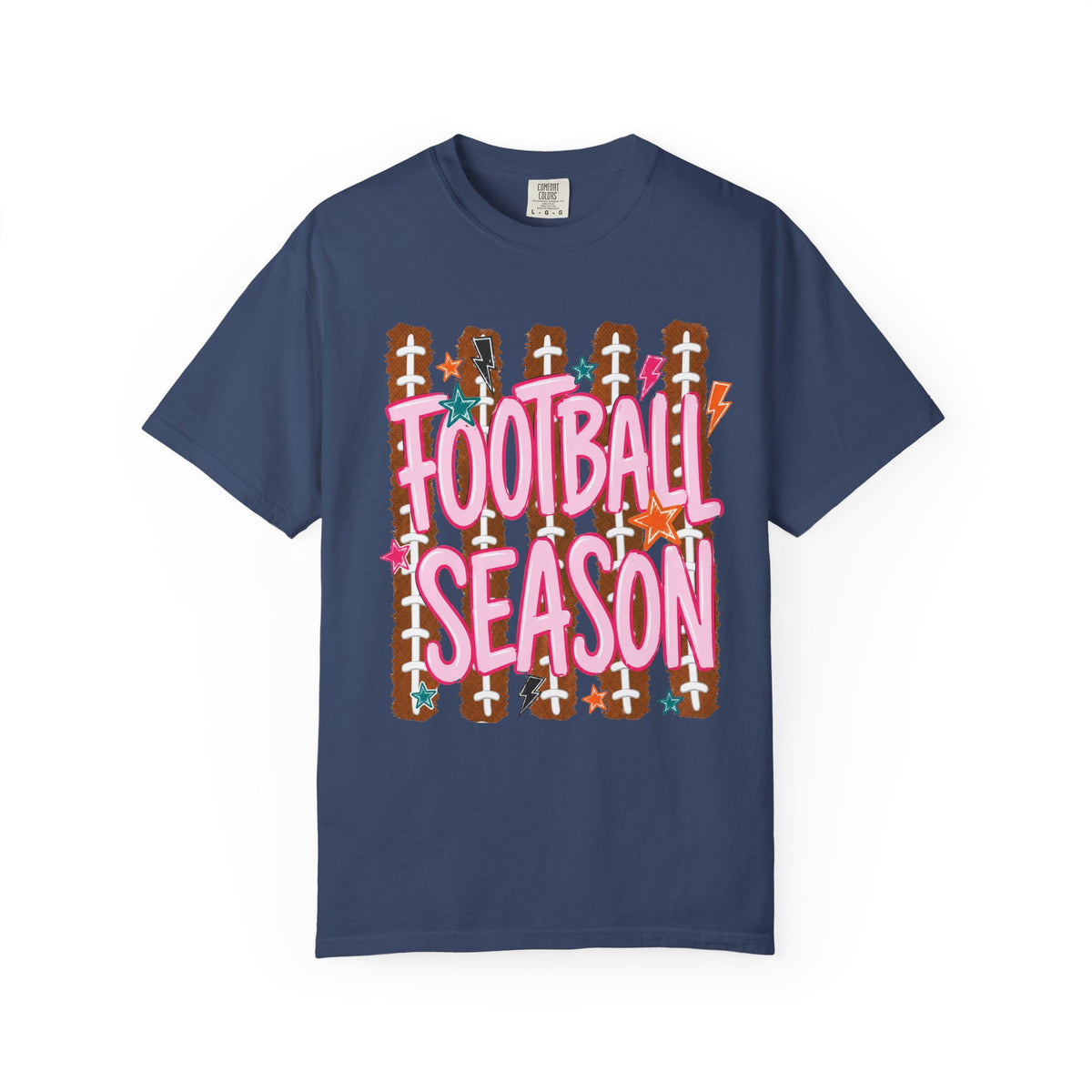 Football Season T-Shirt — Playful Pink Script on Football Field Graphic