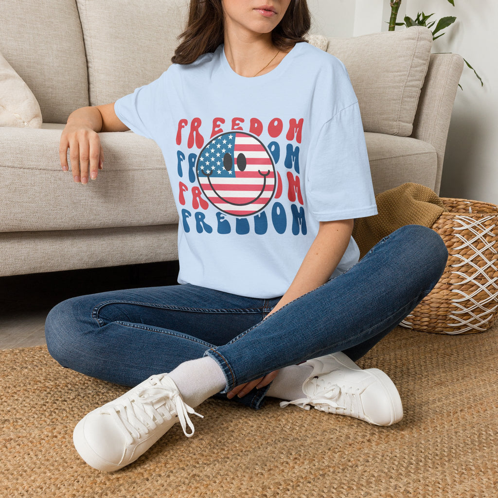 Freedom Smiley T-Shirt — American Flag Retro Graphic Tee for 4th of July