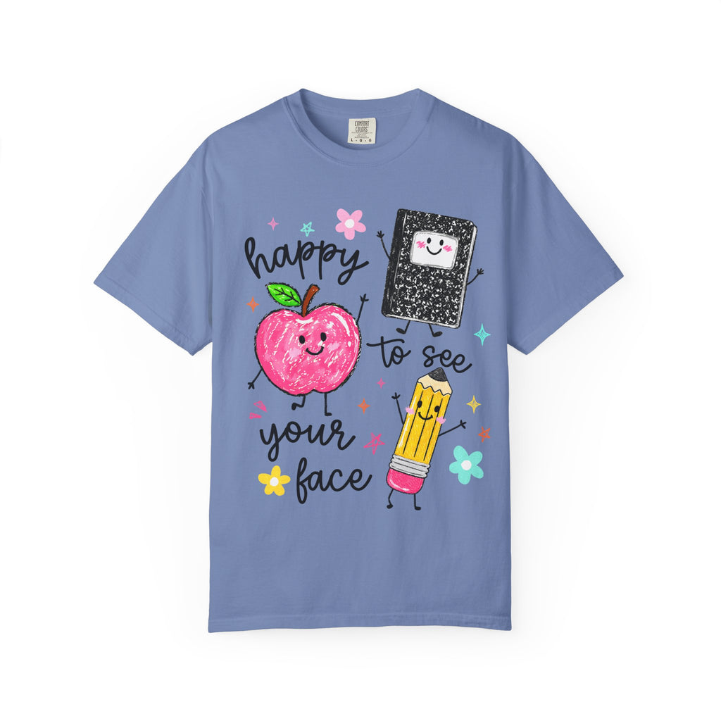 Happy To See Your Face T-Shirt — Cute Apple, Pencil & Notebook Back-to-School Tee