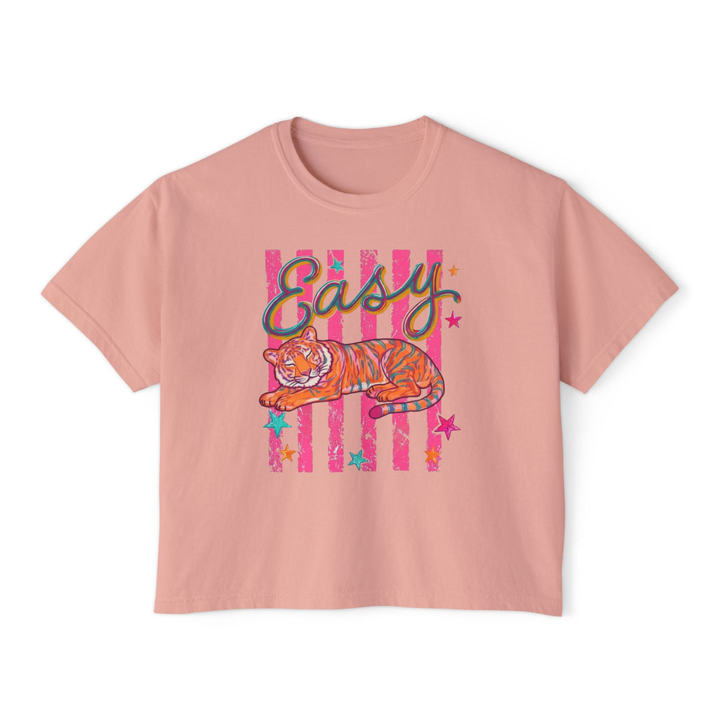 Easy Tiger Boxy Tee — Retro Striped Floral Tiger Graphic Women’s Shirt