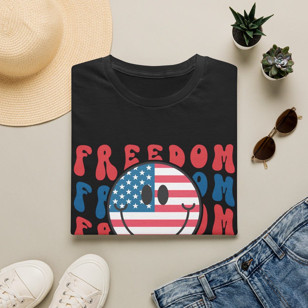 Freedom Smiley T-Shirt — American Flag Retro Graphic Tee for 4th of July