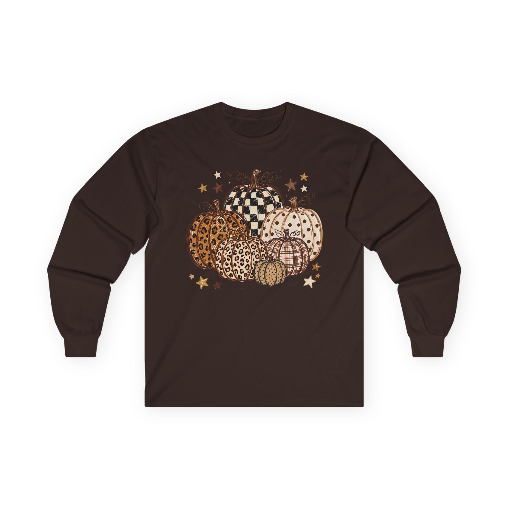 Leopard & Plaid Pumpkins Long Sleeve Tee — Fall Pumpkin Patch Graphic Shirt