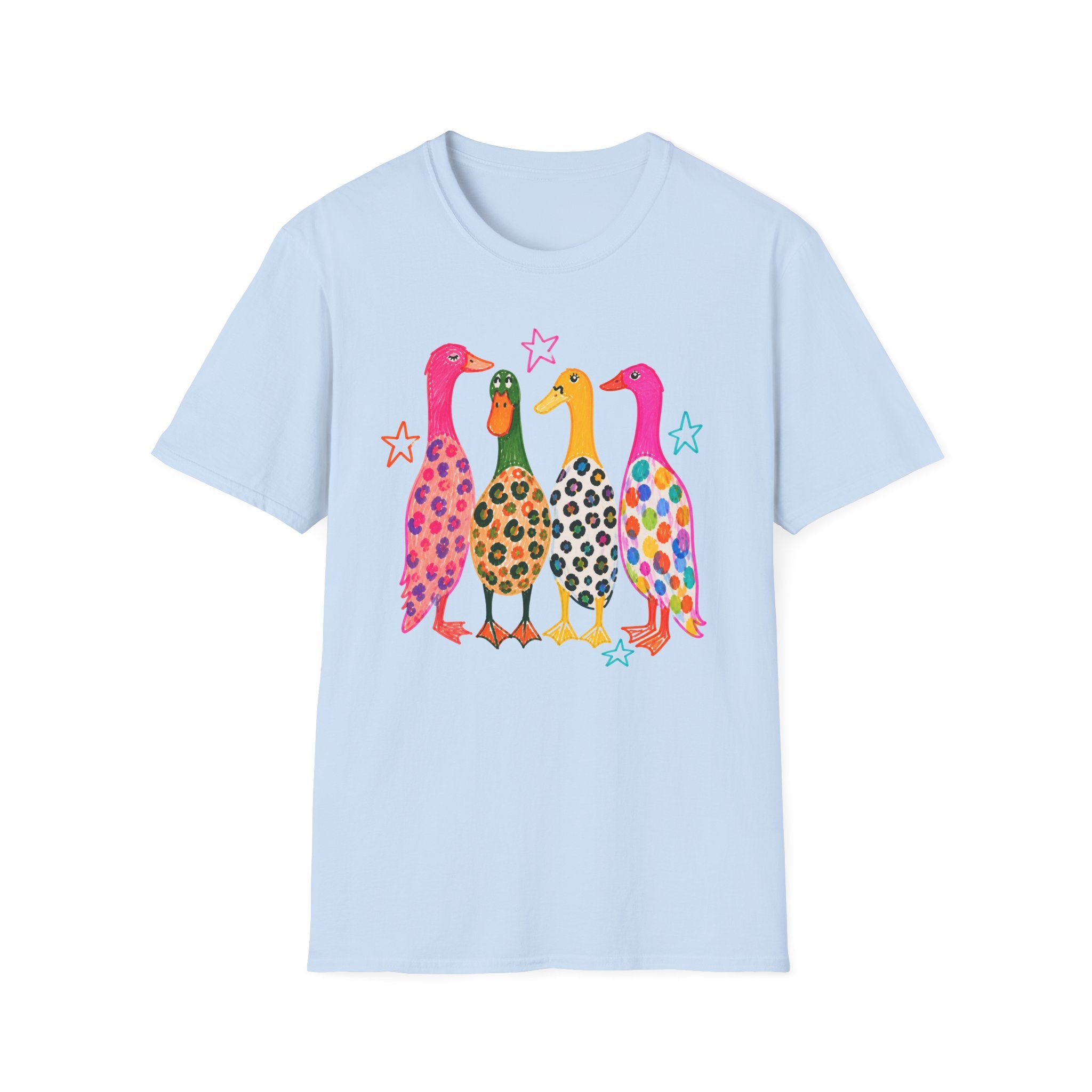 Colorful Patterned Ducks T-Shirt — Whimsical Rainbow Duck Graphic Tee