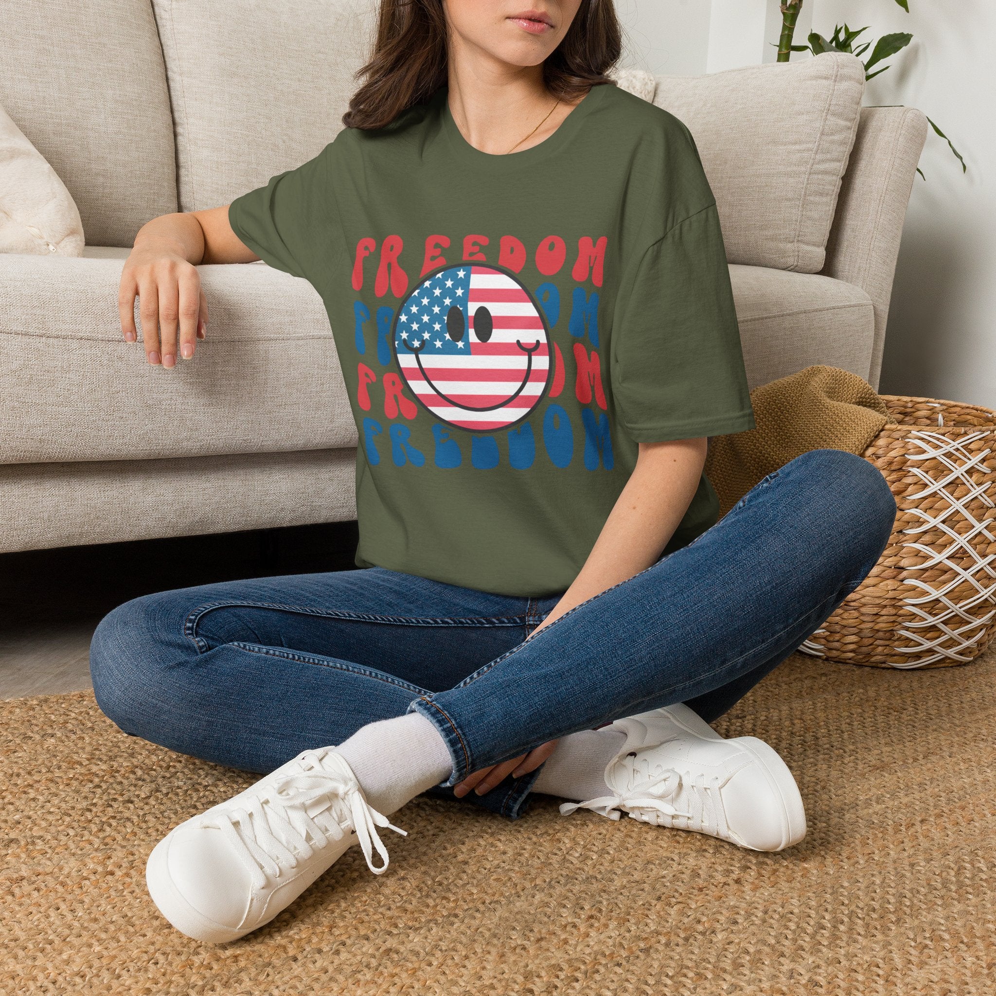 Freedom Smiley T-Shirt — American Flag Retro Graphic Tee for 4th of July