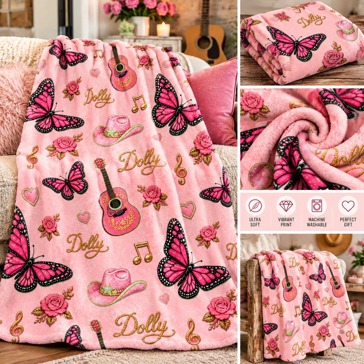 Dolly Pink Butterfly & Guitar Velveteen Plush Blanket