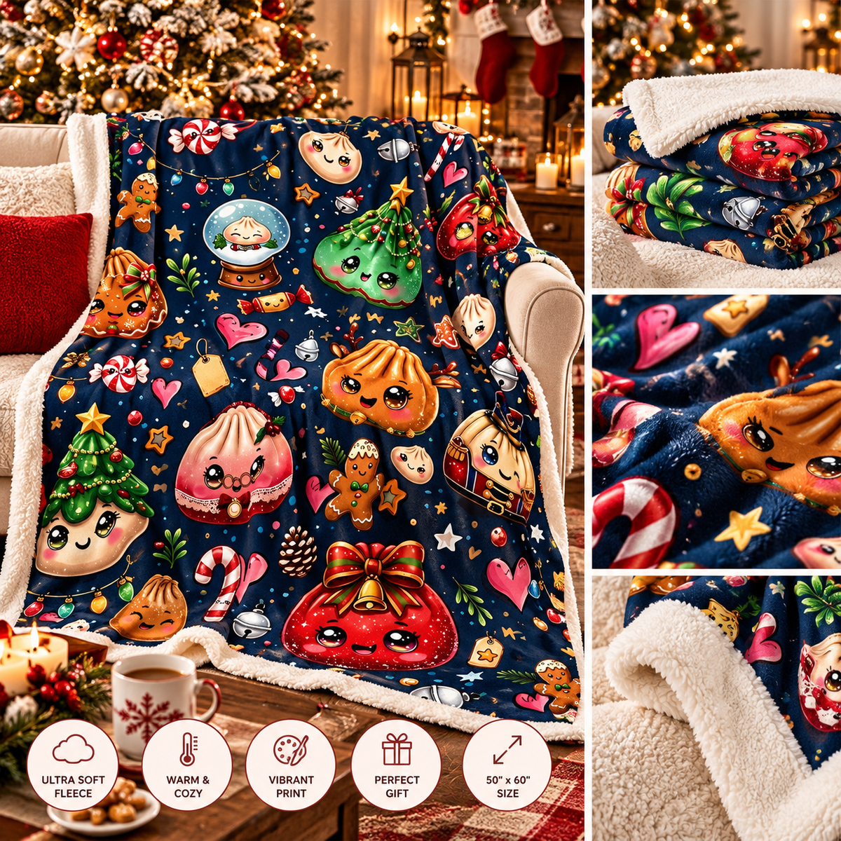 Kawaii Holiday Dumpling Plush Blanket — Cute Christmas Foodie Throw