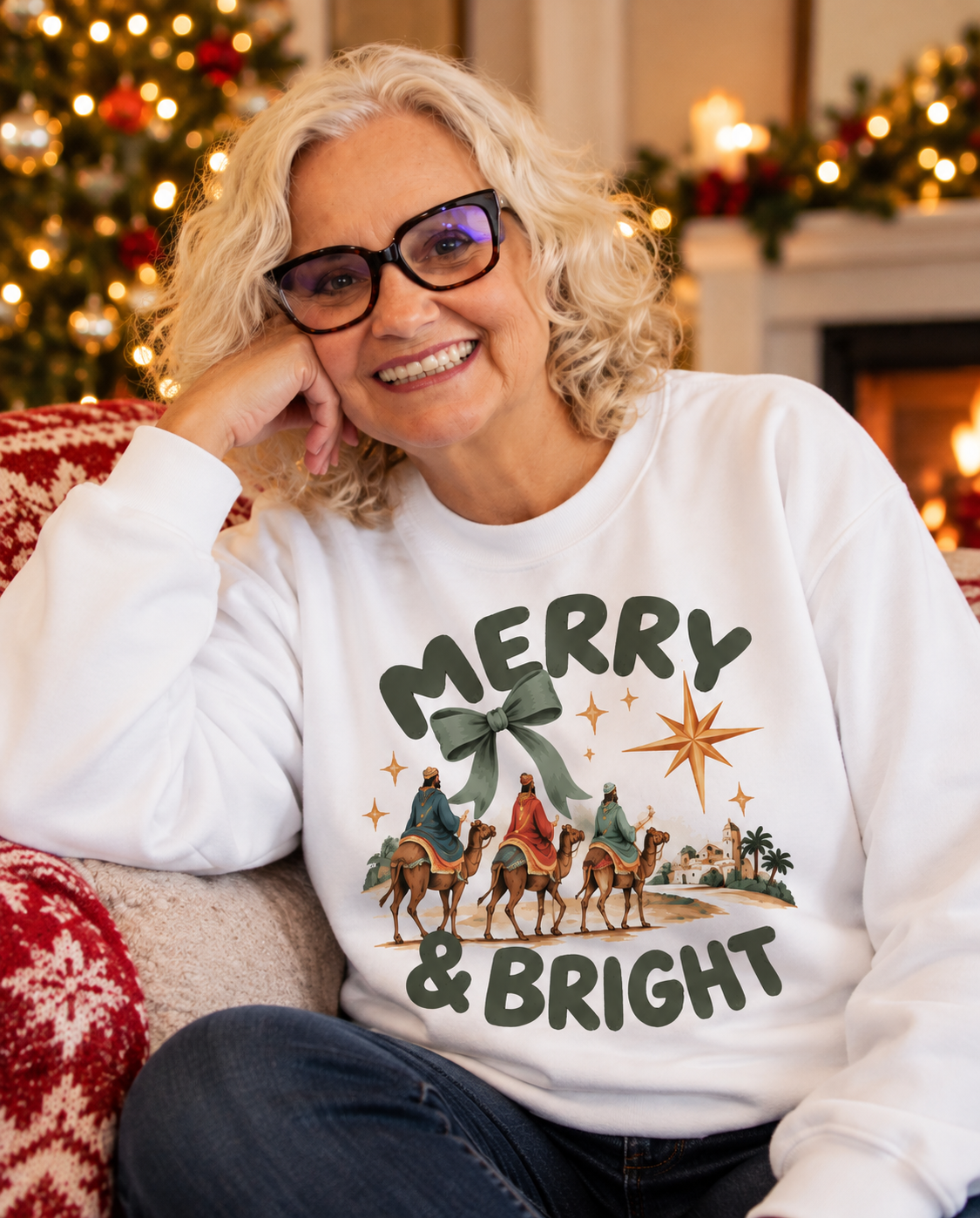 Merry & Bright Crewneck Sweatshirt — Vintage Camel Nativity Holiday Pullover