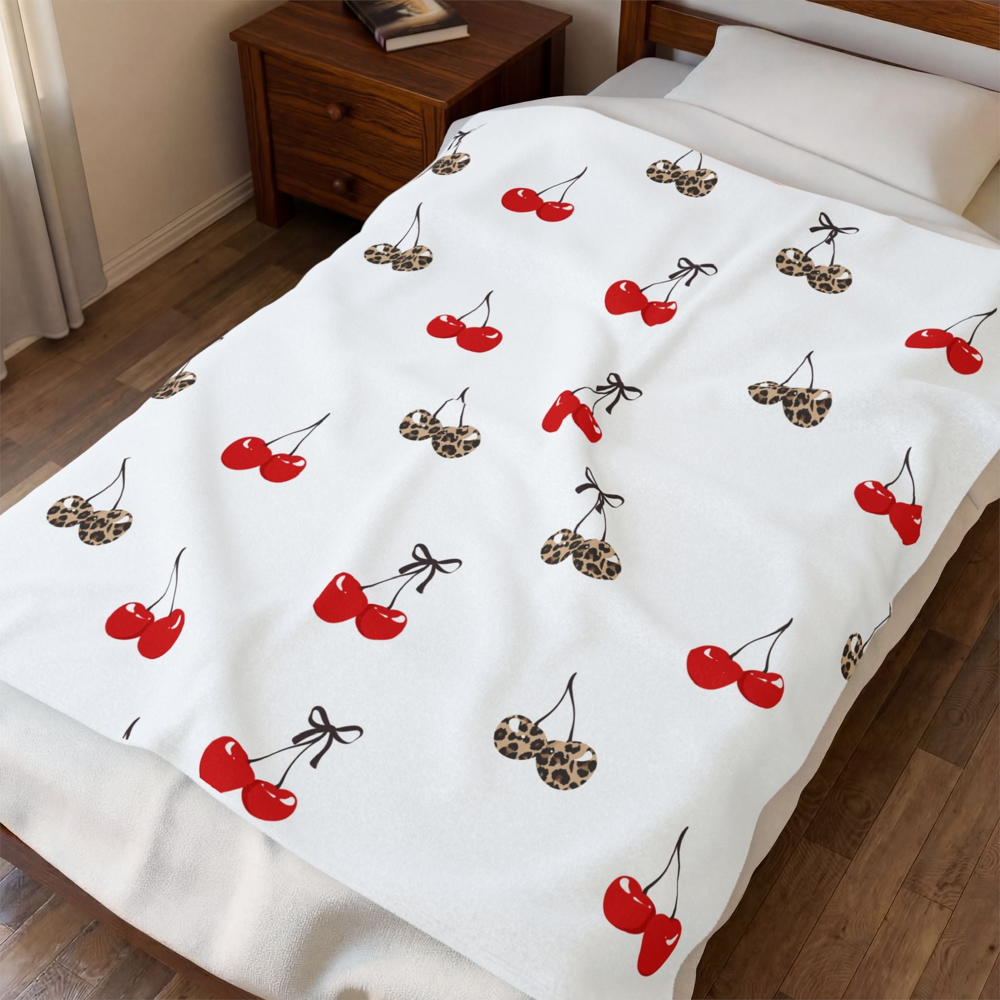 Cherry Pattern Velveteen Plush Blanket — Red & Leopard Cherries, Cozy Throw for Bedroom or Gift