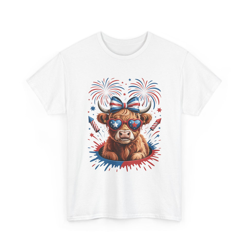 Cow with Sunglasses Patriotic T-Shirt — 4th of July Fireworks Tee
