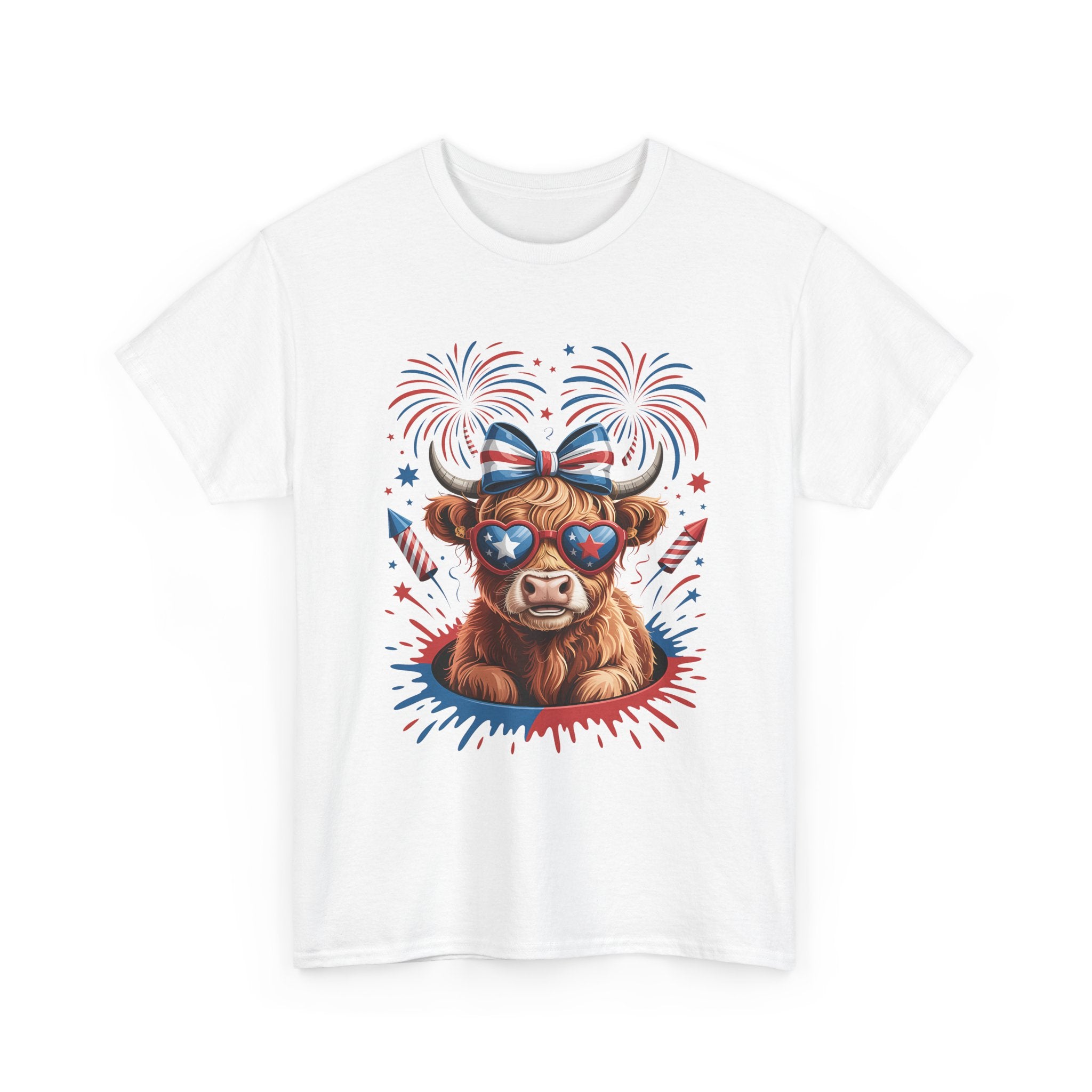 Cow with Sunglasses Patriotic T-Shirt — 4th of July Fireworks Tee