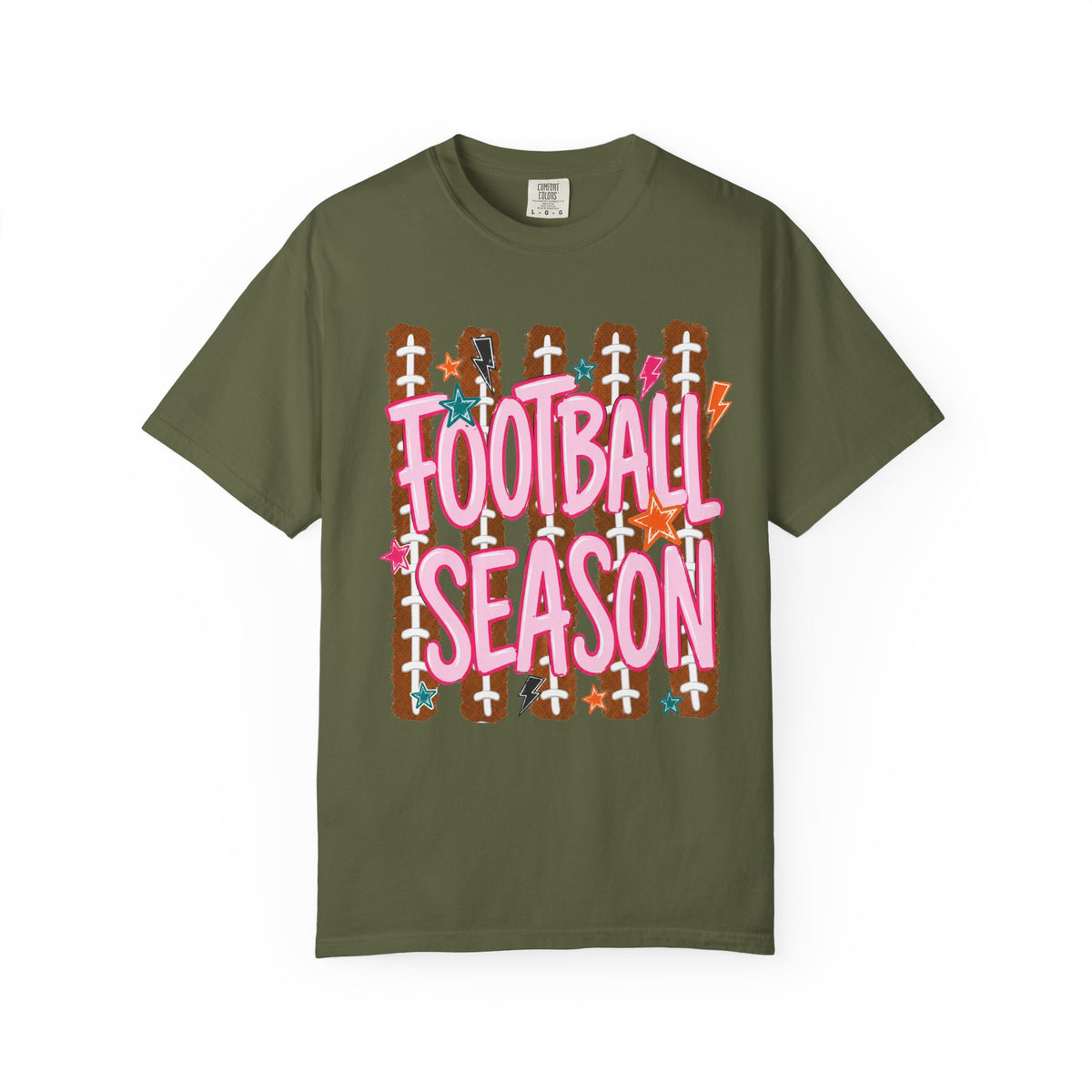 Football Season T-Shirt — Playful Pink Script on Football Field Graphic