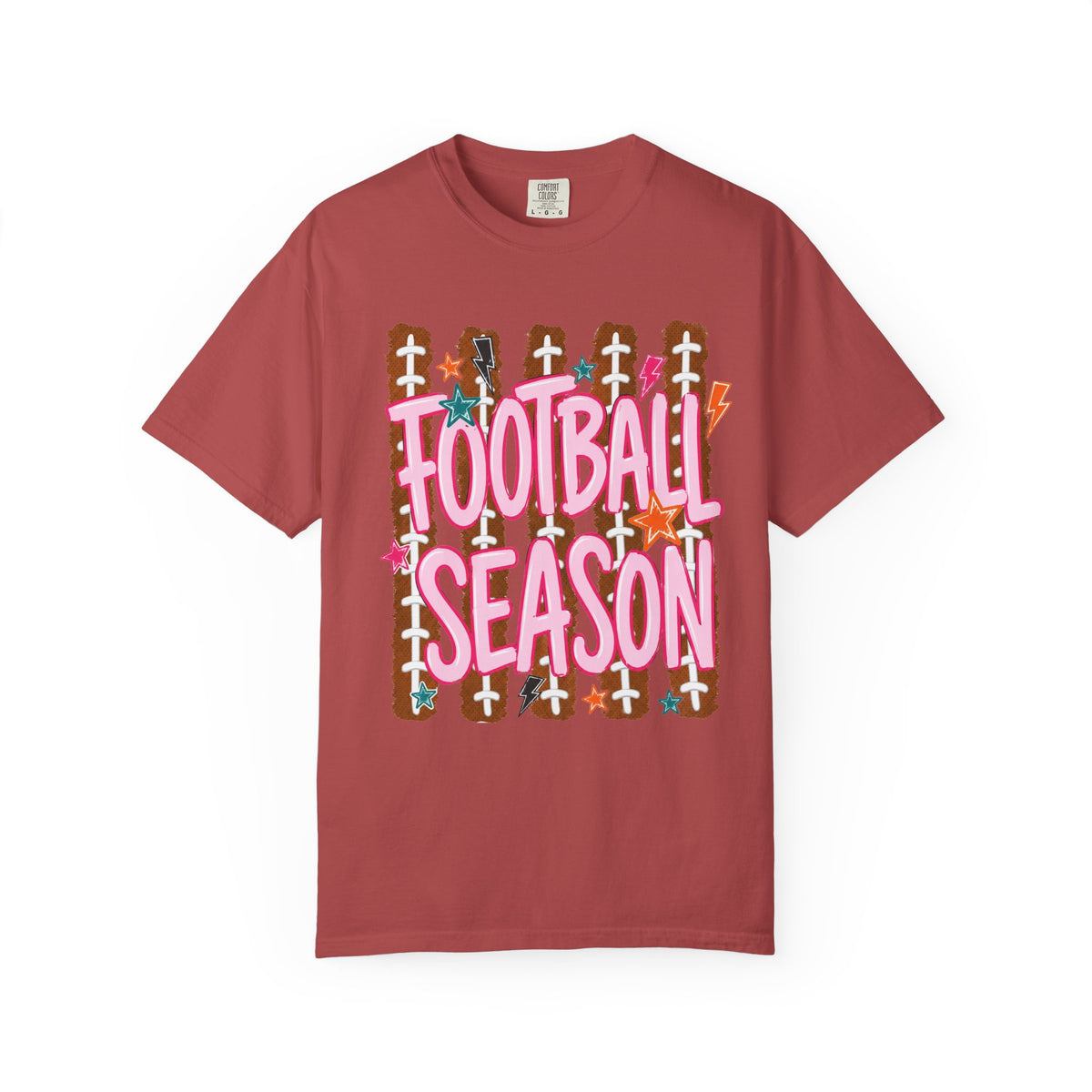 Football Season T-Shirt — Playful Pink Script on Football Field Graphic