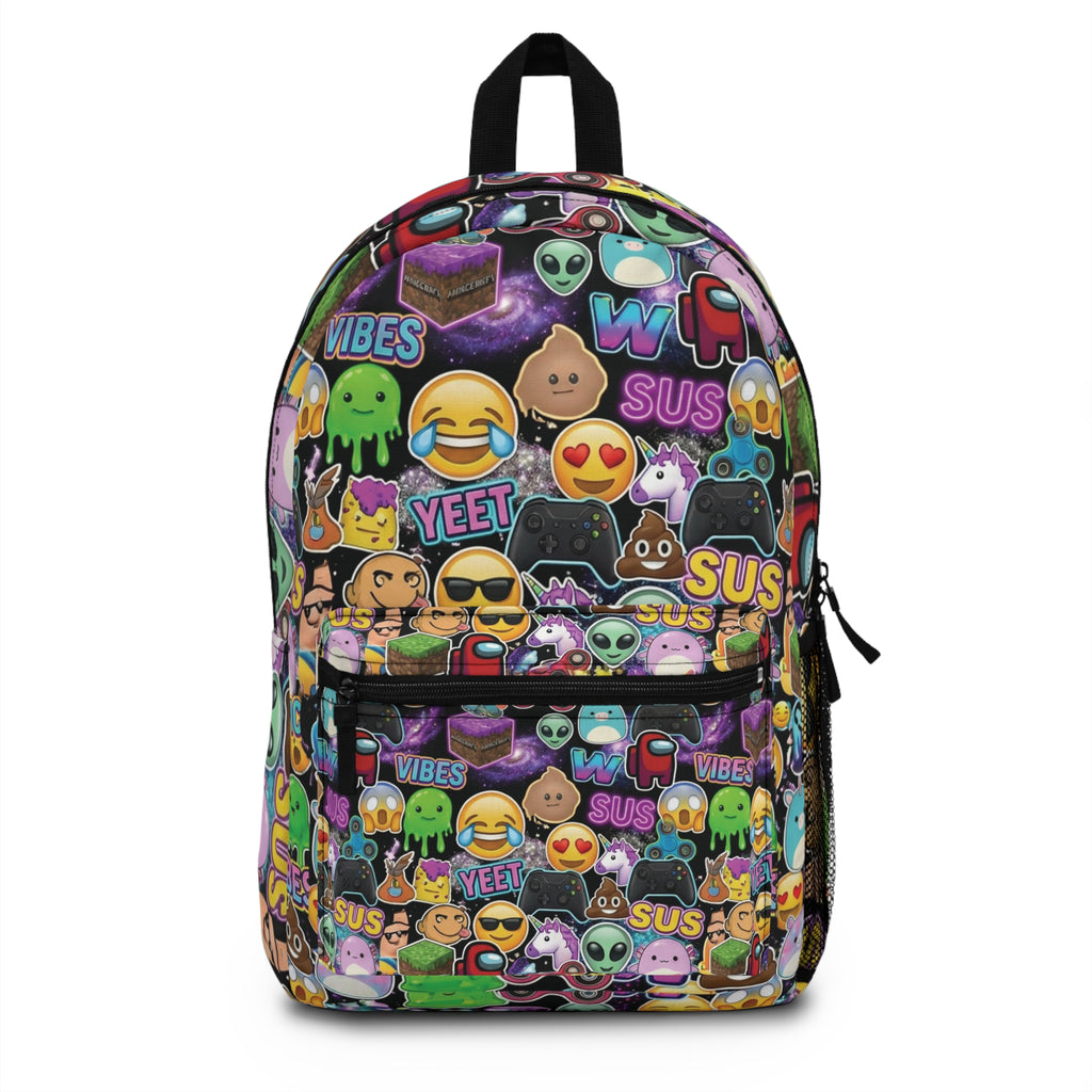Emoji Collage Backpack — Colorful 'Vibes Sus Yeet' Kids School Bag