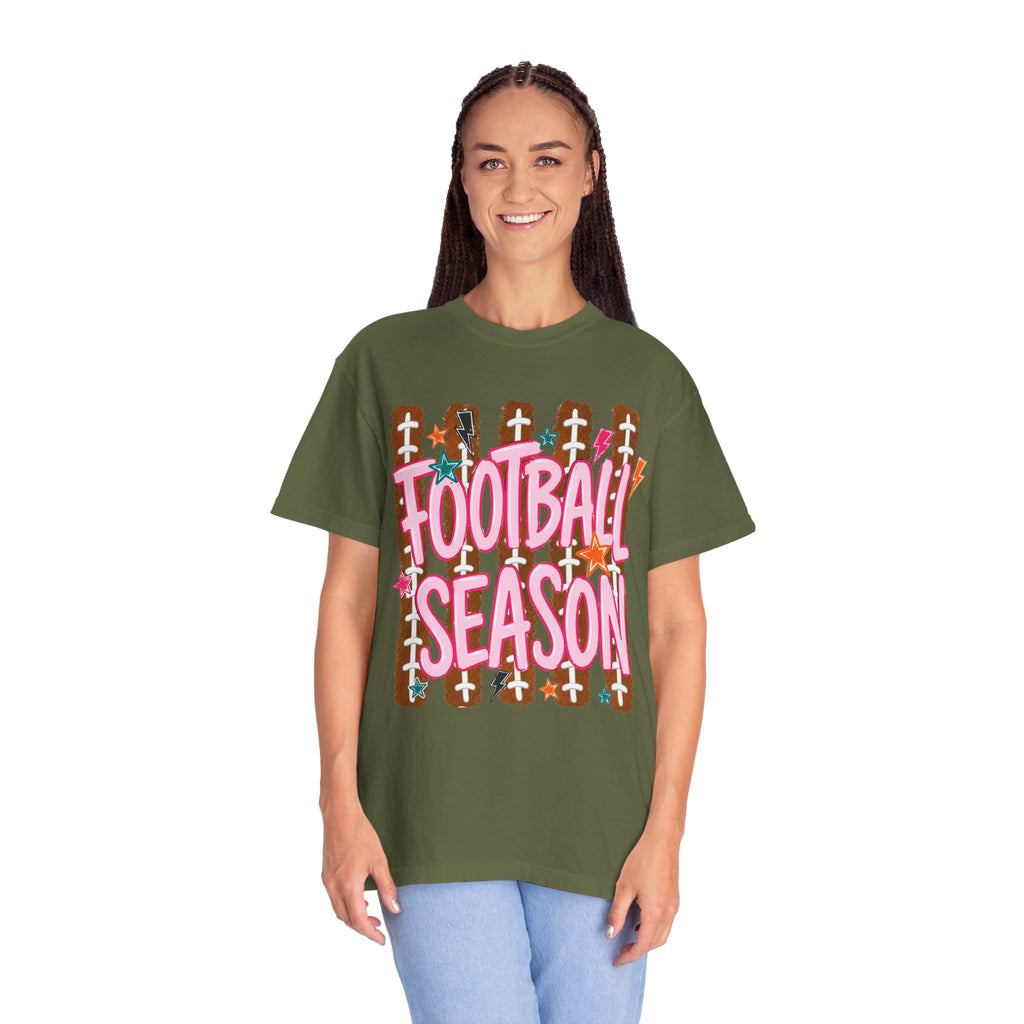Football Season T-Shirt — Playful Pink Script on Football Field Graphic