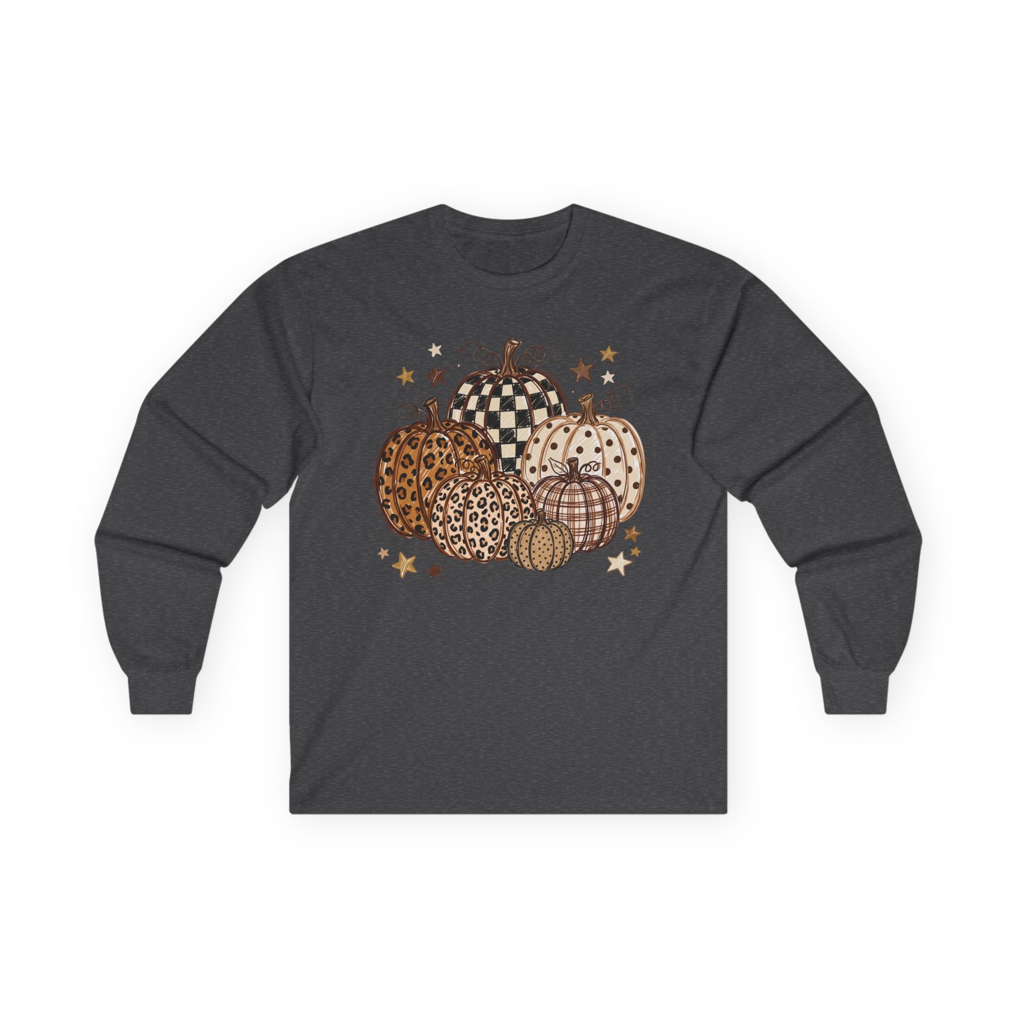 Leopard & Plaid Pumpkins Long Sleeve Tee — Fall Pumpkin Patch Graphic Shirt