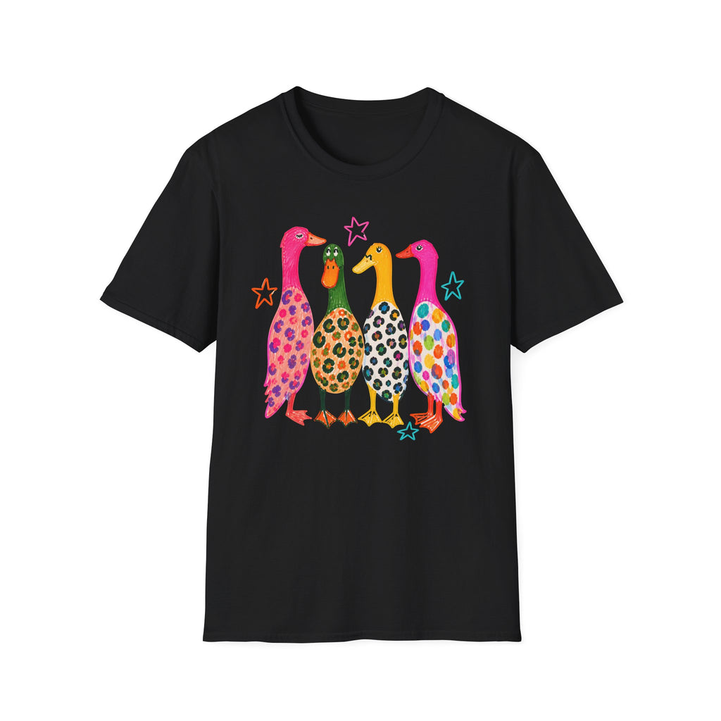 Colorful Patterned Ducks T-Shirt — Whimsical Rainbow Duck Graphic Tee