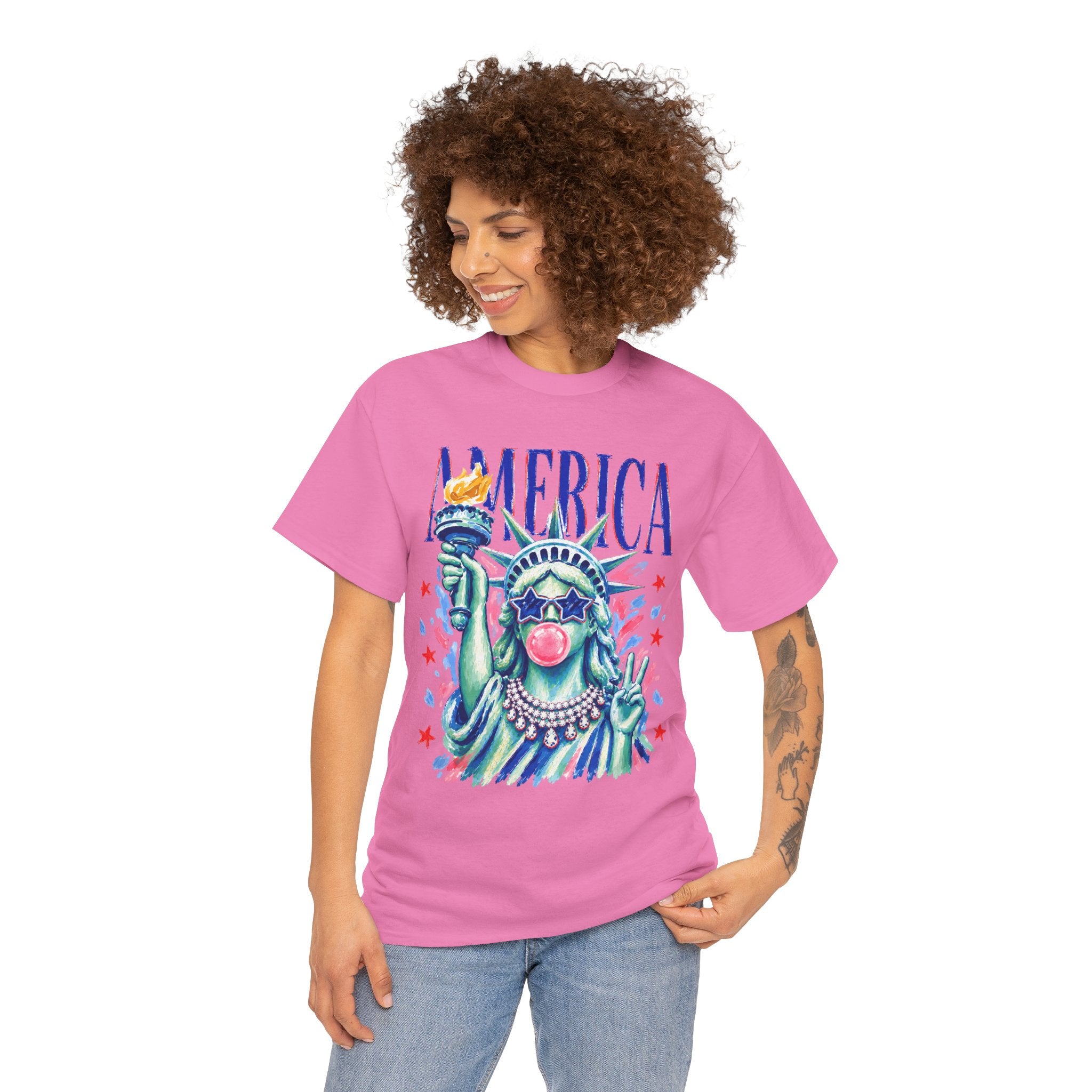 Statue of Liberty Bubblegum Tee — "America" Patriotic Graphic T-Shirt