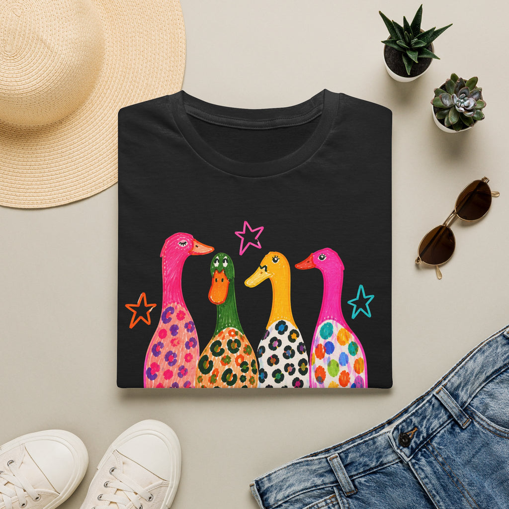 Colorful Patterned Ducks T-Shirt — Whimsical Rainbow Duck Graphic Tee