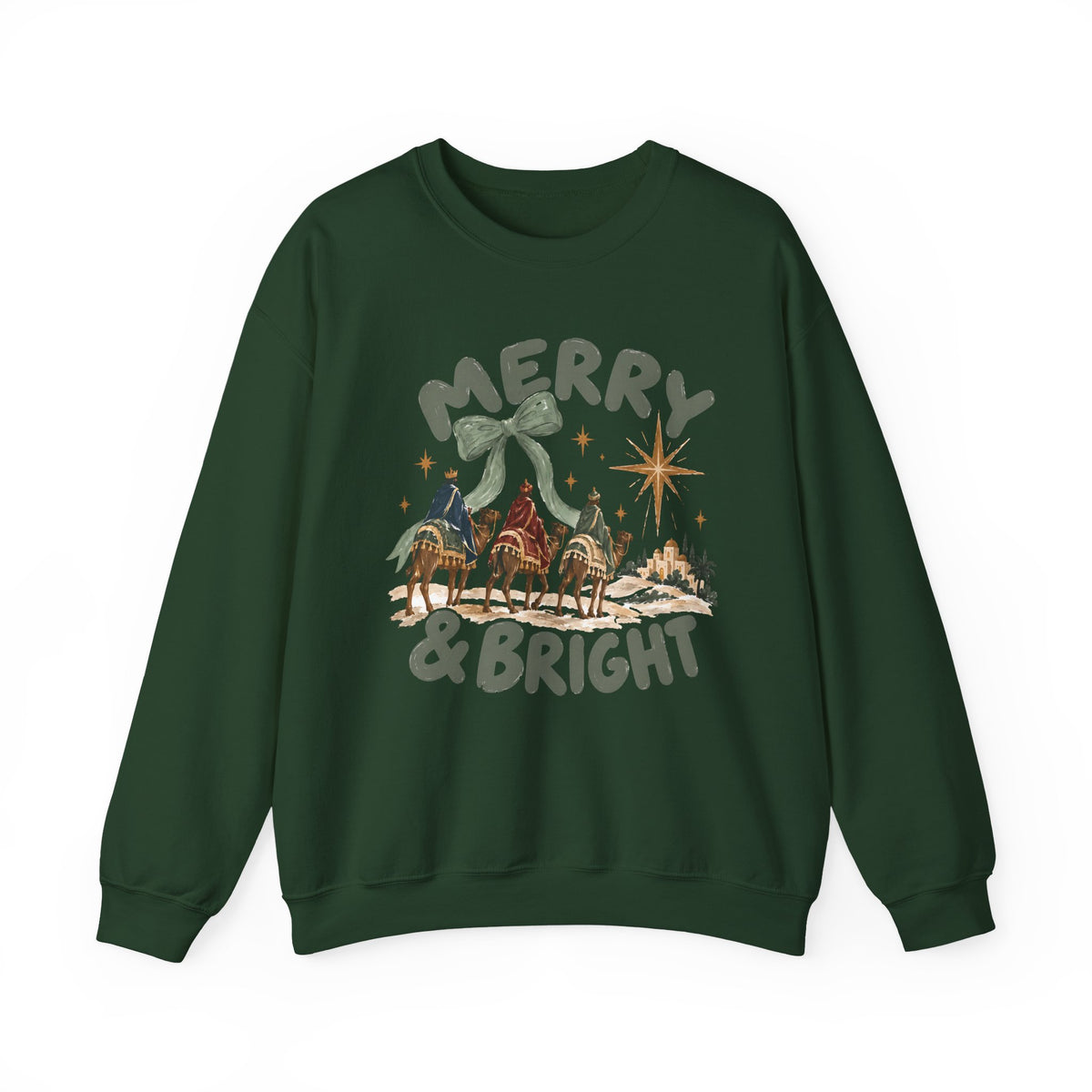 Merry & Bright Crewneck Sweatshirt — Vintage Camel Nativity Holiday Pullover