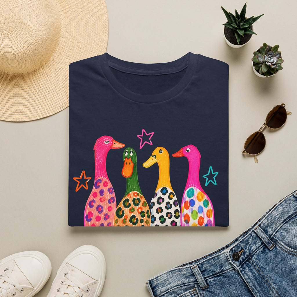Colorful Patterned Ducks T-Shirt — Whimsical Rainbow Duck Graphic Tee