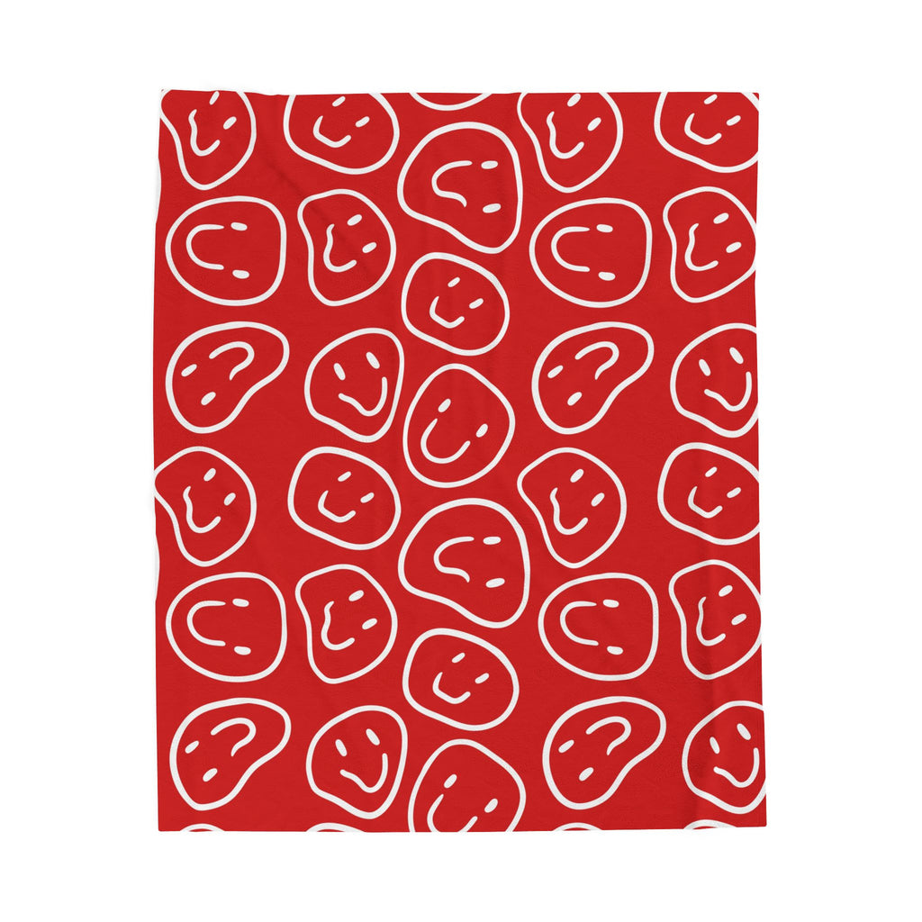 Velveteen Plush Blanket - Red Smiley Face Pattern Cozy Throw
