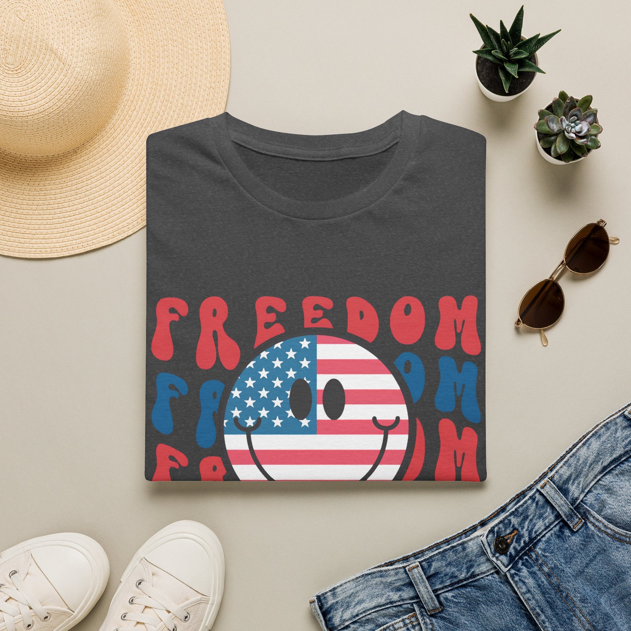 Freedom Smiley T-Shirt — American Flag Retro Graphic Tee for 4th of July