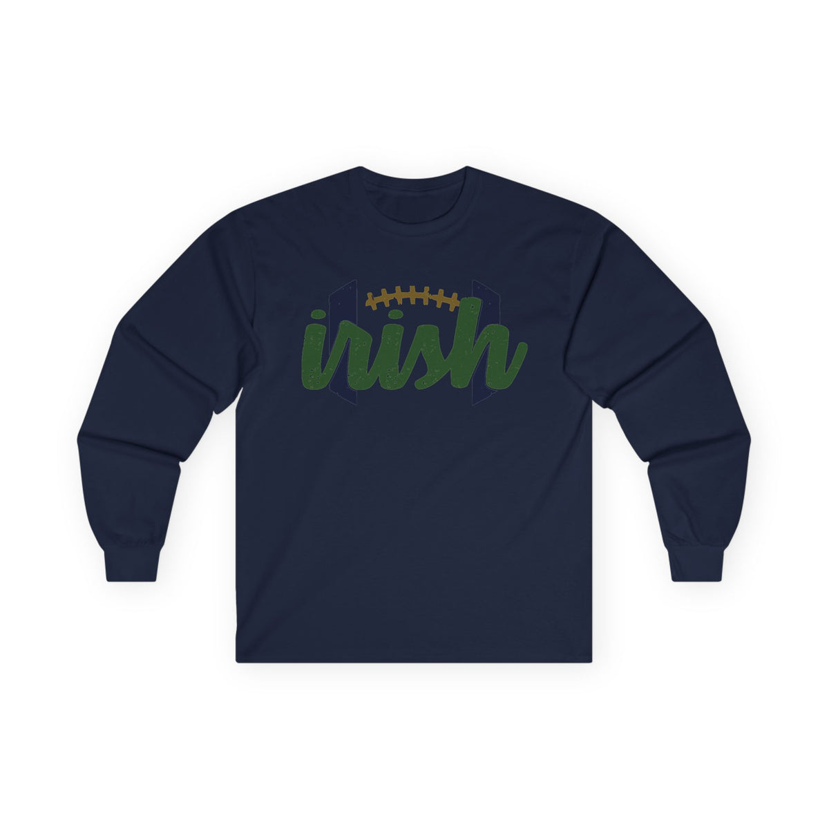 ND Irish Football Long Sleeve Tee — 'Irish' Script with Football Graphic