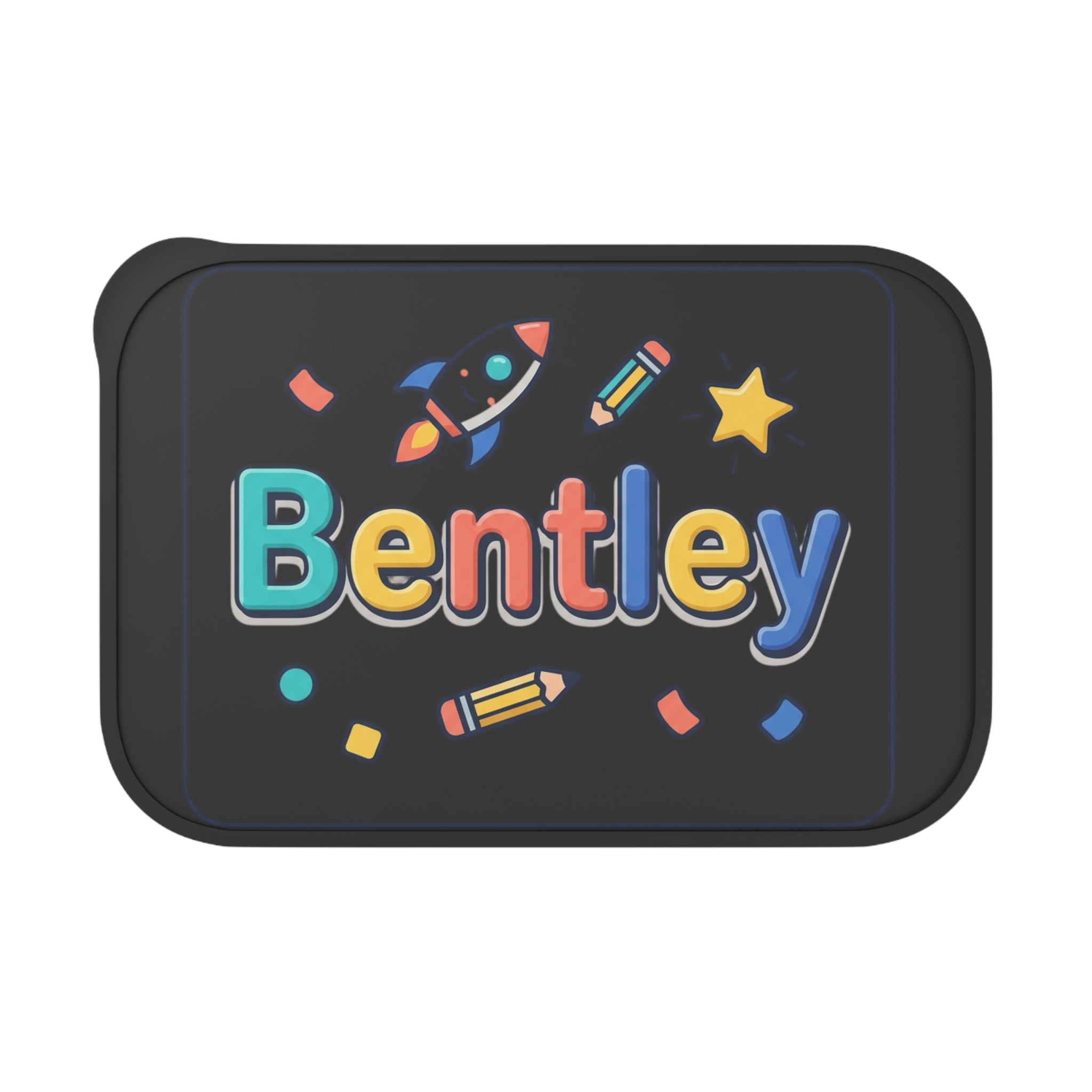 Kids' Personalized Bento Box with Utensils — Colorful Rocket & Pencil Name Design