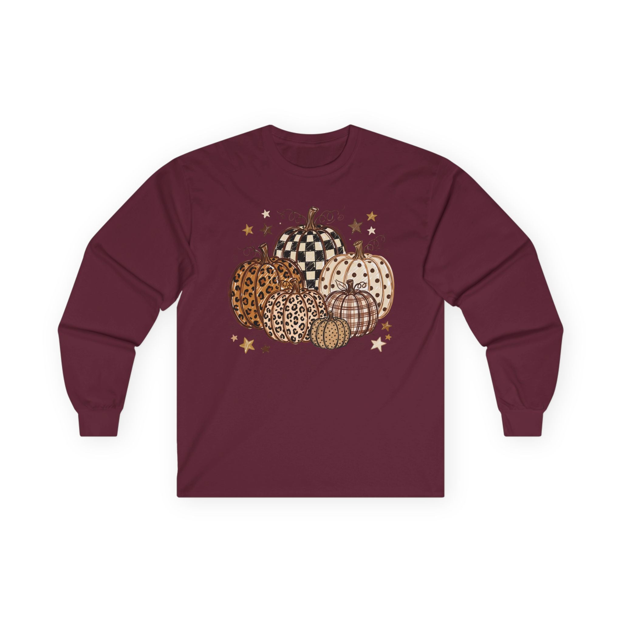 Leopard & Plaid Pumpkins Long Sleeve Tee — Fall Pumpkin Patch Graphic Shirt
