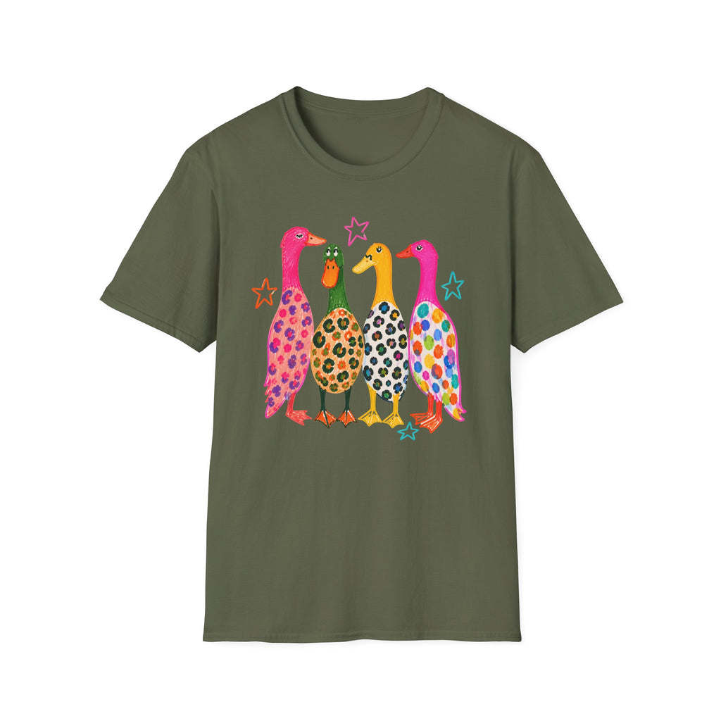 Colorful Patterned Ducks T-Shirt — Whimsical Rainbow Duck Graphic Tee