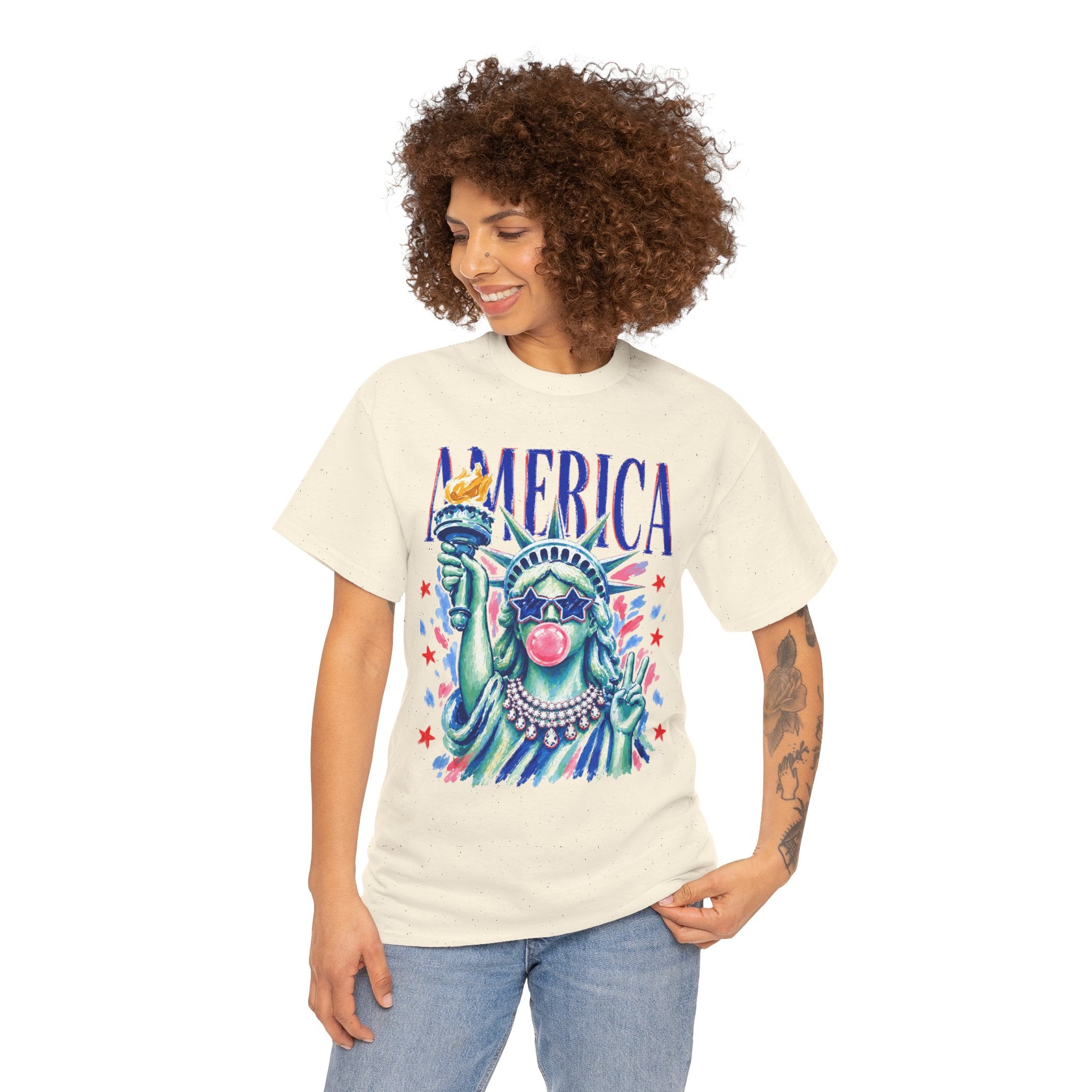 Statue of Liberty Bubblegum Tee — "America" Patriotic Graphic T-Shirt