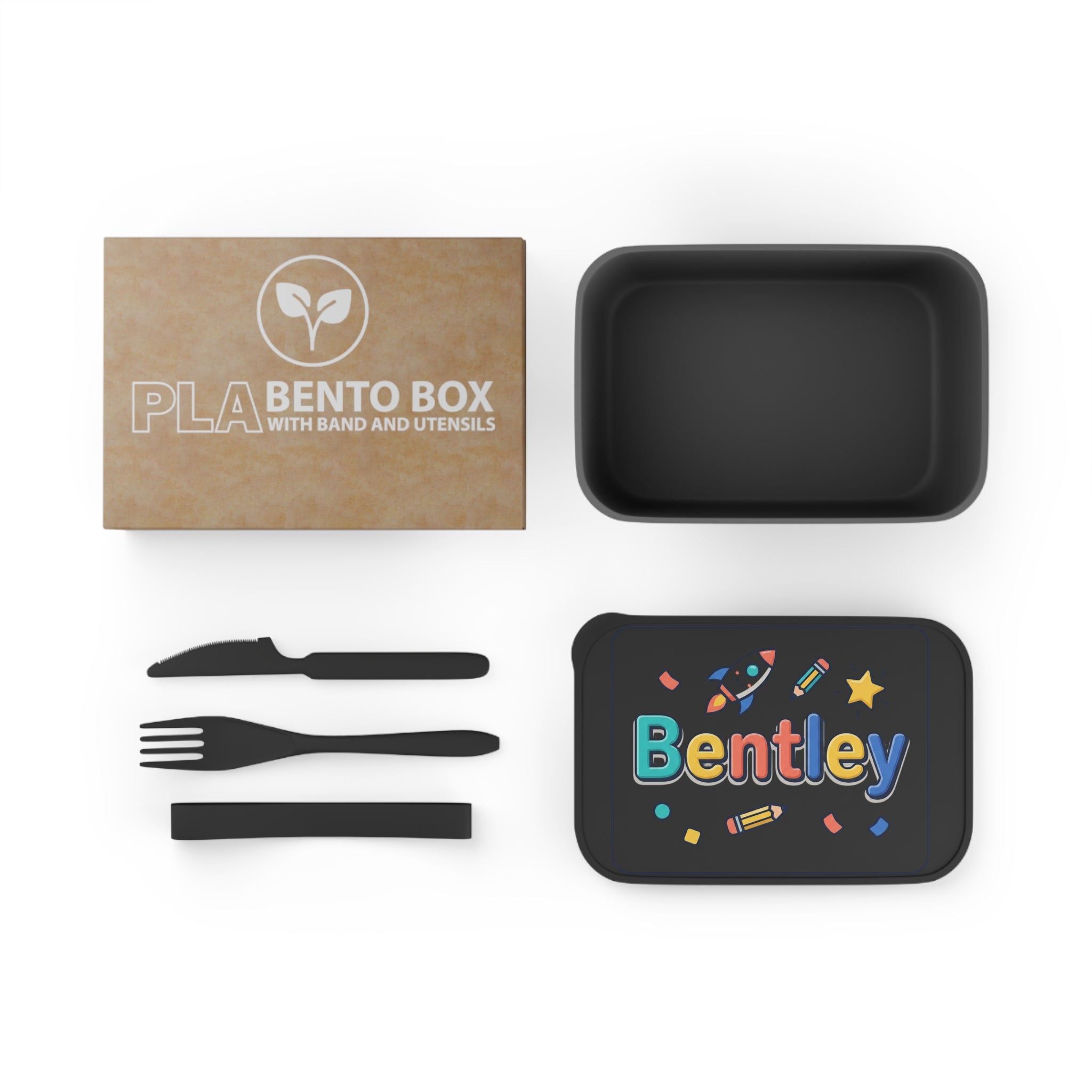 Kids' Personalized Bento Box with Utensils — Colorful Rocket & Pencil Name Design