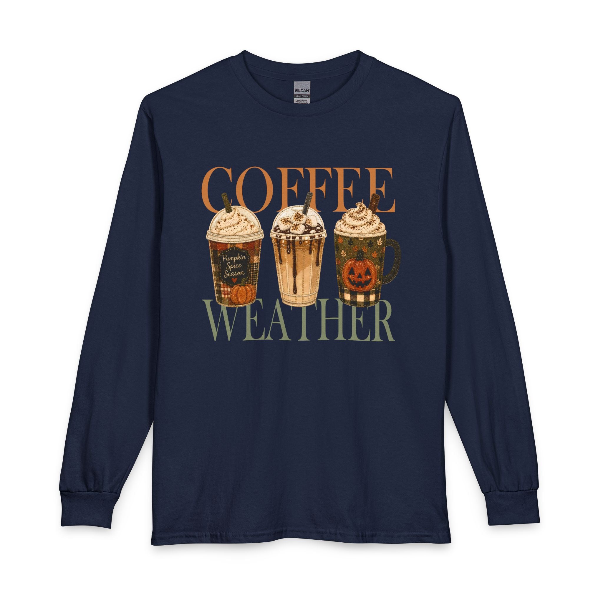 Coffee Weather Long Sleeve Tee — Fall Pumpkin Spice Coffee Design