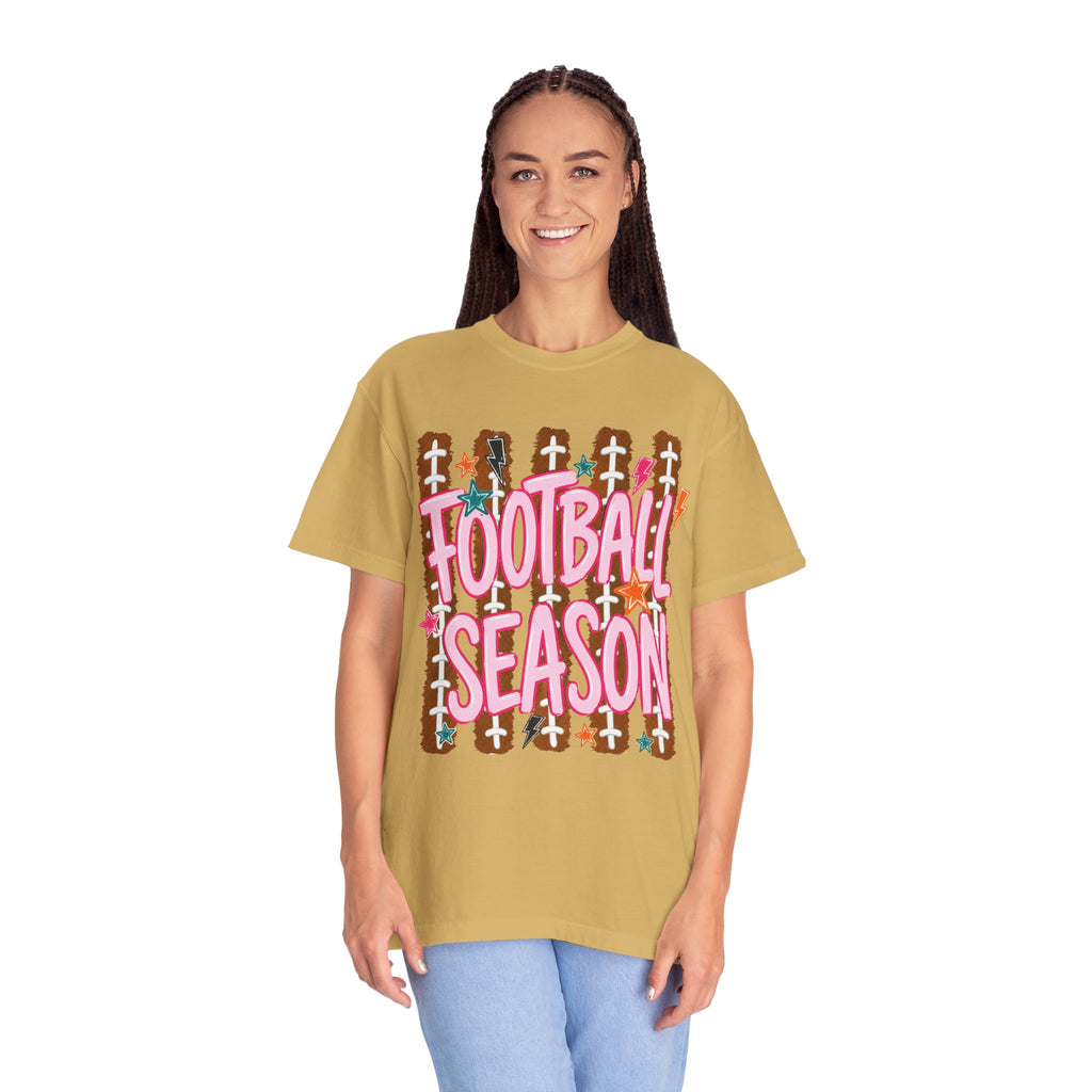 Football Season T-Shirt — Playful Pink Script on Football Field Graphic