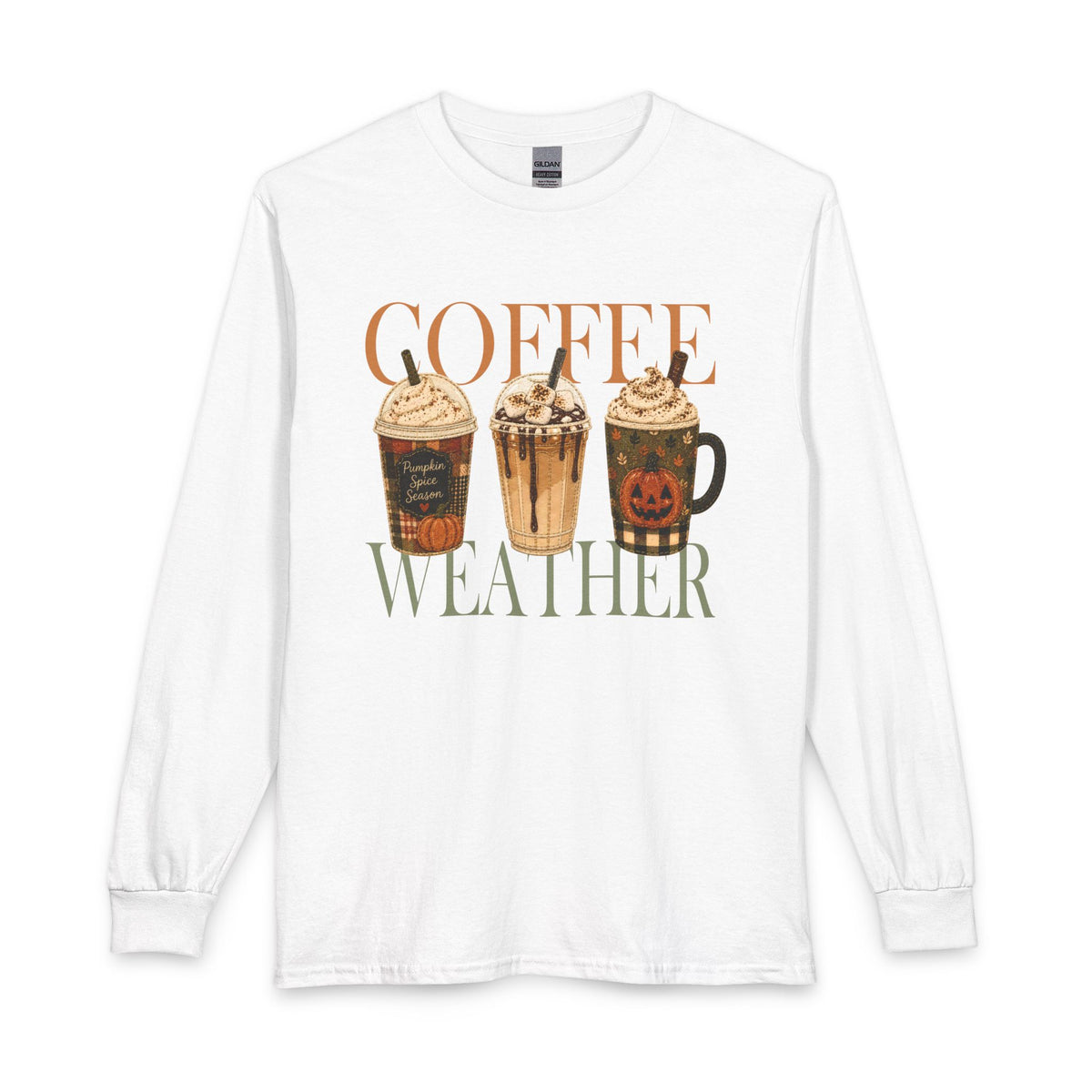 Coffee Weather Long Sleeve Tee — Fall Pumpkin Spice Coffee Design