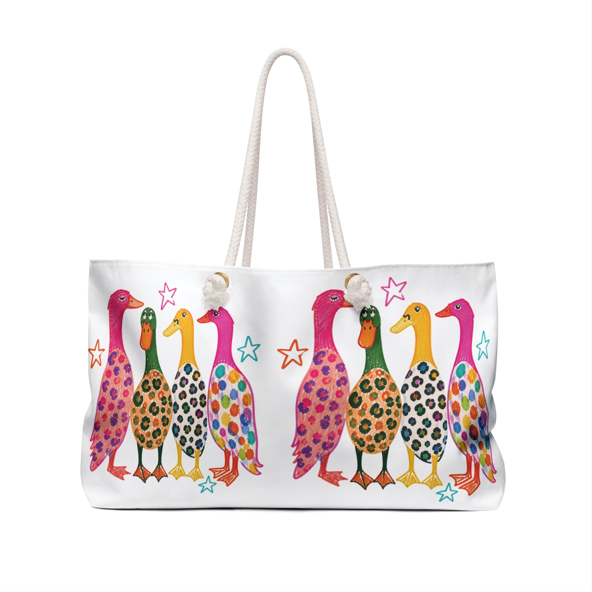 Colorful Duck Parade Weekender Bag — Whimsical Floral Pattern Travel Tote